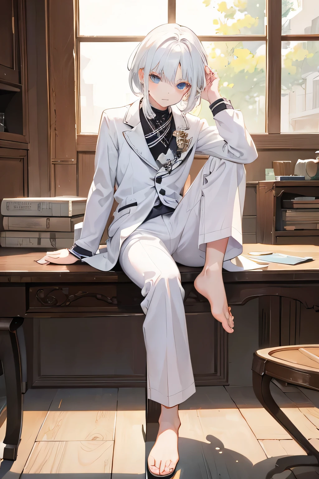 The boy with white hair holds the foot of the table