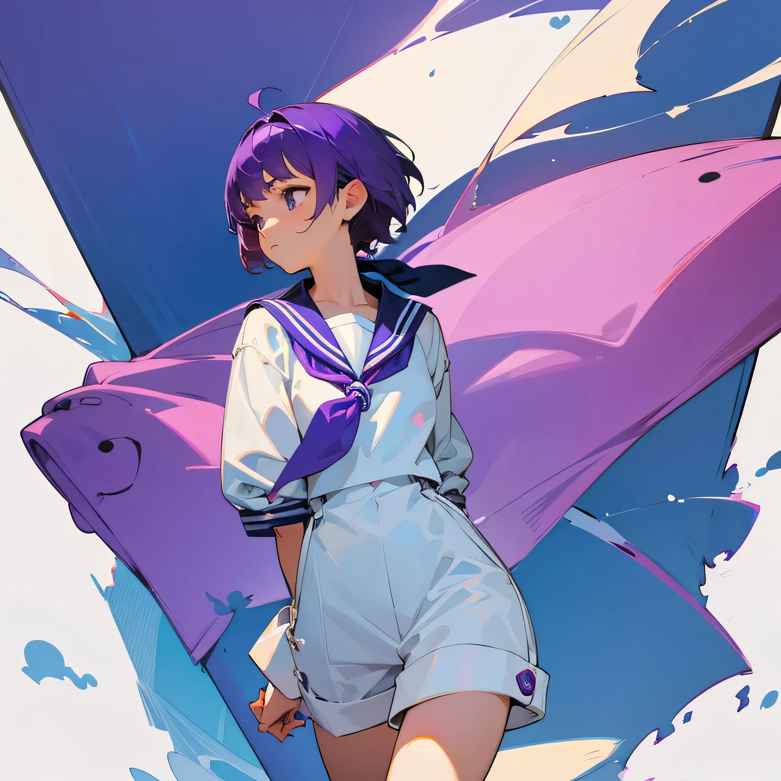 Purple short hair girl  sailor suit looking to the left