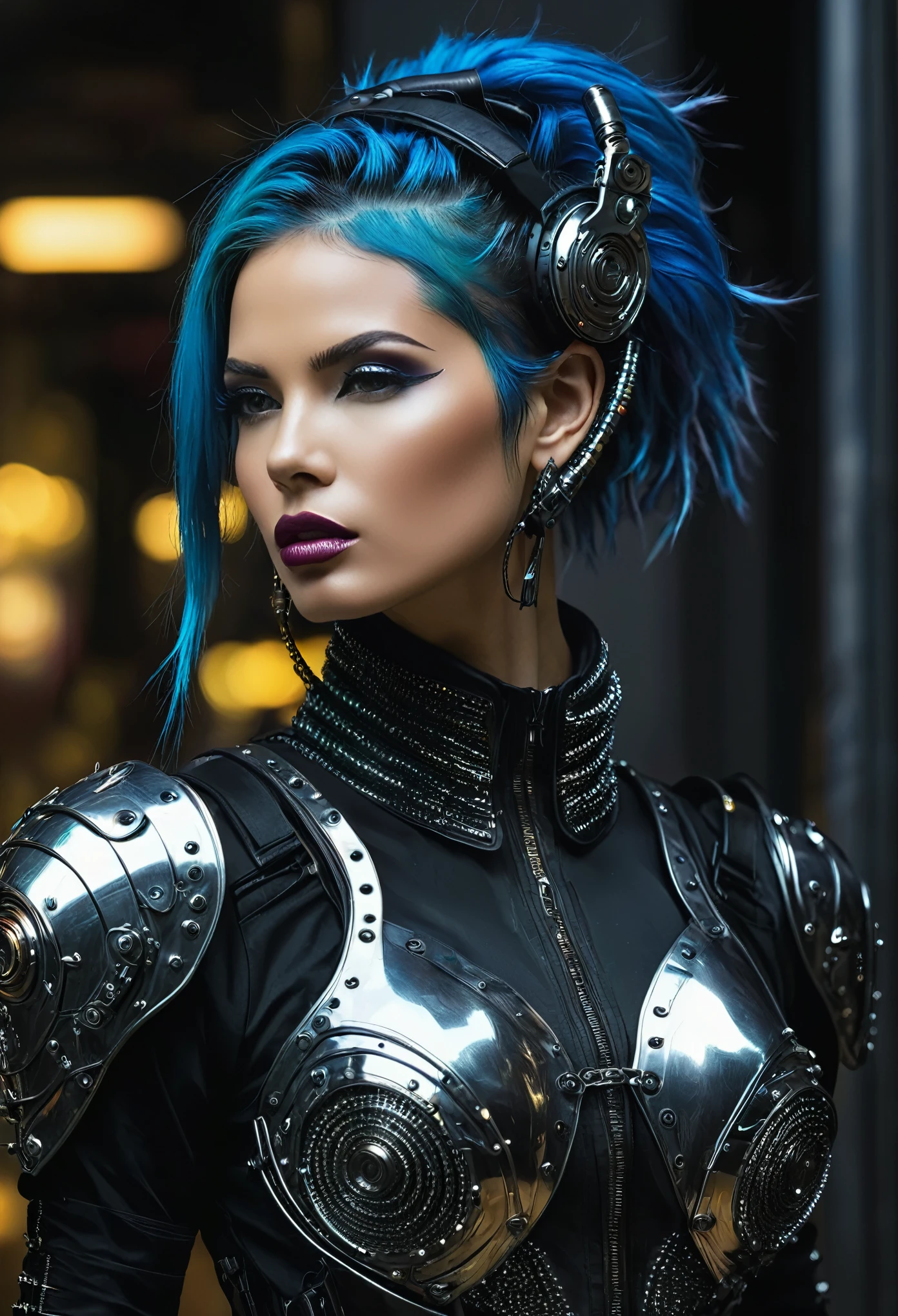 splendid, obras de arte de alta qualidade de um (Guerreiro Ciborgue bonito:1.3) em um (mundo ciberpunk:1.2), (de perto, vista lateral de corpo inteiro:1.1) com a full body view, mostrando ela (ciberware:1.2) e (fibra de carbono:1.1) (cromada:1.1) implantes, (metallic skin:1.1) e (cicatrizes:1.1), vestindo sangue (Cybernetic plate armor:1.1) em um (atmosfera escura:1.2) com um (noite escura:1.3), com (curto, cabelo desgrenhado:1.1) e (sombra preta:1.1). A obra de arte apresenta (brilho lindamente detalhado:1.1) Emanating from your mechanical eye, com a (detailed facial features:1.1) e (Alto detalhe:1.1) sharp focus, providing a smooth e aesthetic look