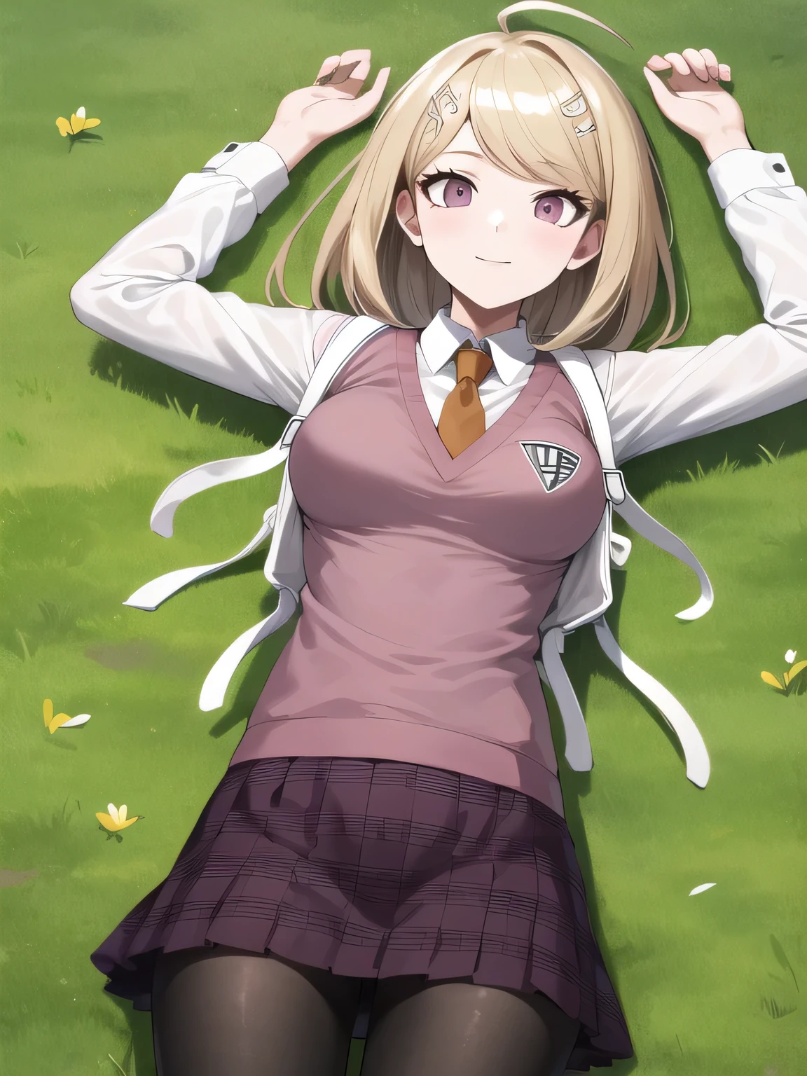 masterpiece, best quality, highres, aakaede, long hair, ahoge, hair ornament, breasts, , necktie, pink vest, sweater vest, collared shirt, long sleeves, backpack, pleated skirt, purple skirt, print skirt, pantyhose, closed mouth, solo, spread arms, arms up, smile, lying, on back, on grass, looking at viewer, solo, in the center, (cowboy shot: 1.3), high quality,