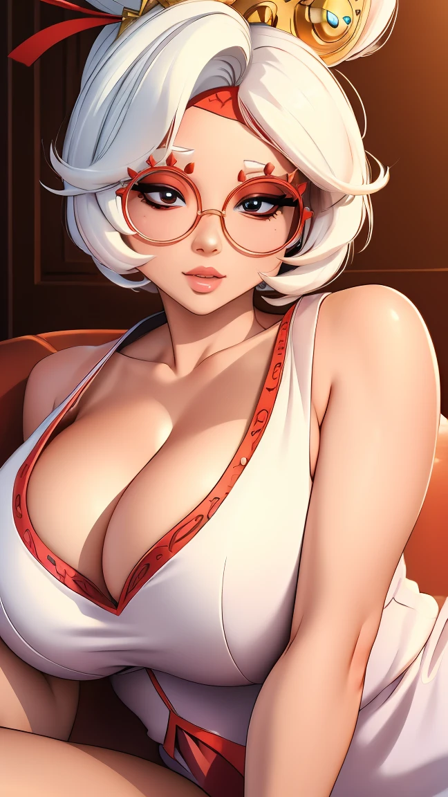 ((masterpiece)), ((best quality)), (detailed), perfect, solo, purah, gorgeous woman with cleavage, luscious lips, white hair, huge breast, deep cleavage, huge breasts, sexy, lying down 