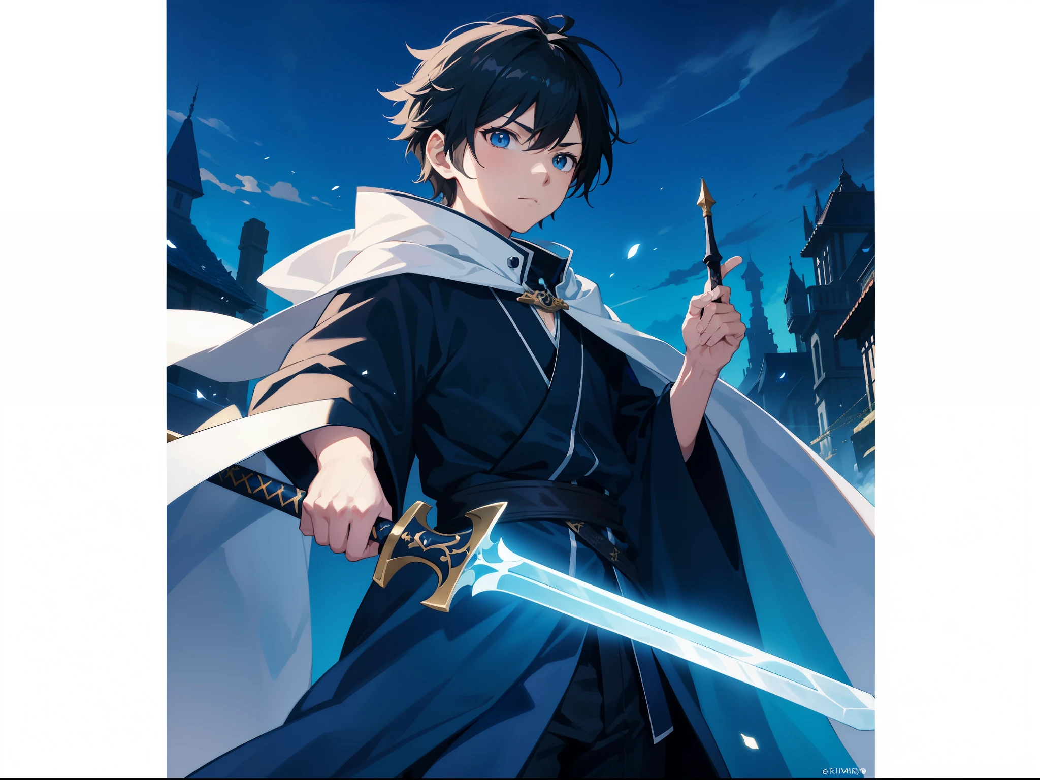 anime character with sword and cape holding sword in hand, young wizard, with large sword, swordsman, anime poster, holds a black sword, key anime art, kirito, anime key art, anime poster film still portrait, inspired by Okumura Masanobu, holds a sword, while holding a sword, badass anime 8 k