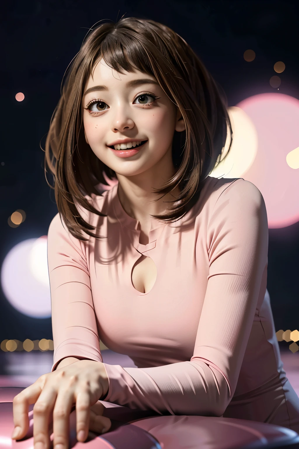 Masseter muscle part, highest quality, 超A high resolution, anime style, best lighting, beautiful face, ((masterpiece、highest quality;1.3))、super detailed、detailed background、1 girl、solo、laughter、body suit、ochako uraraka、looking at the viewer、big and full breasts、Light Pink Suit、
school background、floating, no gravity、curled up and floating