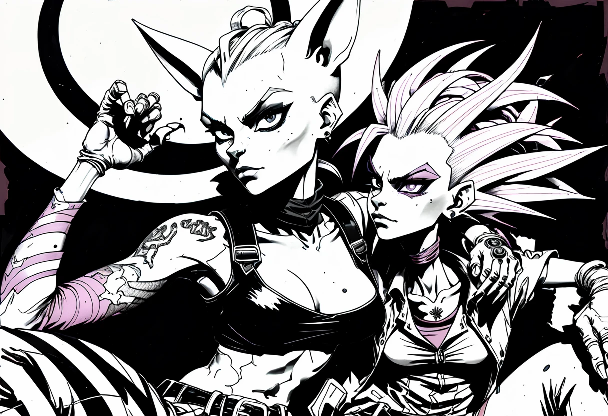 black and white, shades of gray expressive ink lines, ink line drawing, hand drawn, cel shading, anime style, Tank Girl (Australian outlaw, punk, Jamie Hewlett style reference), petting the hairless cat beerus in her lap (Dragon Ball Z cat), cel shading, rich color grading, depth, hyper maximal, strange, intense, nuanced, precise, bold harsh ink art style,  punk visual art, and strips are frequently deeply disorganized, anarchic, absurdist, and psychedelic, surrealism, collages, improvisation, cut-up techniques, and fanzines.
