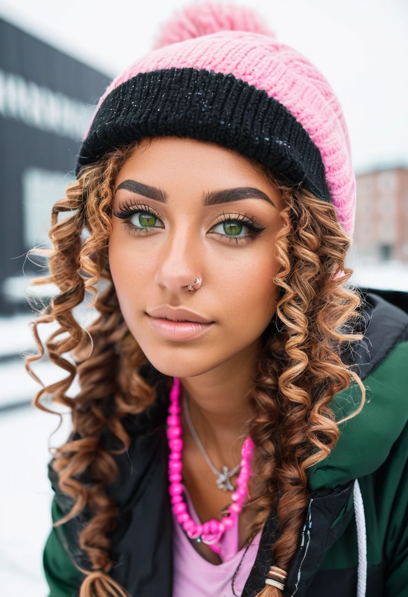 slightly tall young woman, light brown skin, light green eyes. Long brown curly hair with pigtails. Black Graphic Snow Jacket, Pink Beanie, necklace, nose piercing, sitting down, transparent lipgloss, slim built, very beautiful, late adolescent, 19 years old, full body photo, long legs, modern city setting, cold weather, snowy