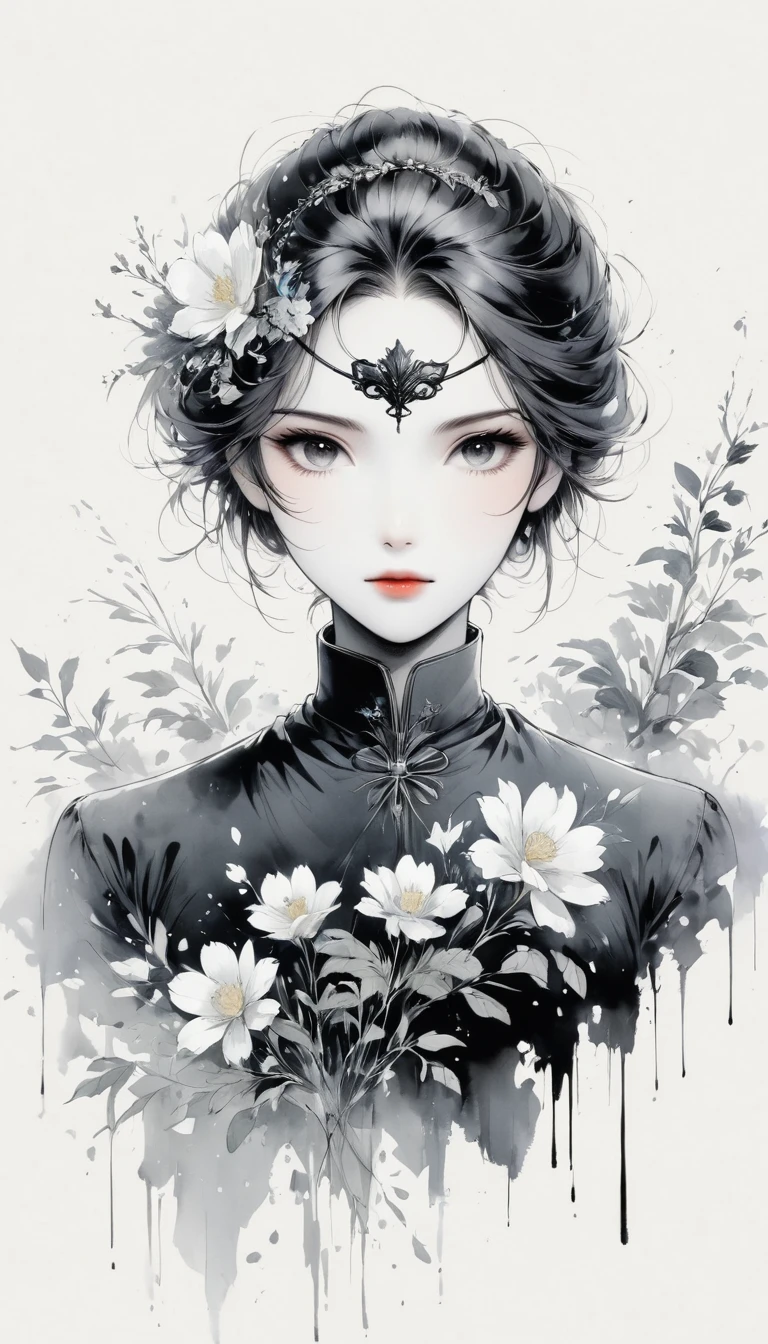 (Anime line drawing:1.5),black and white painting,Minimalism,line art,sketch,Charcoal drawing,mask,flower