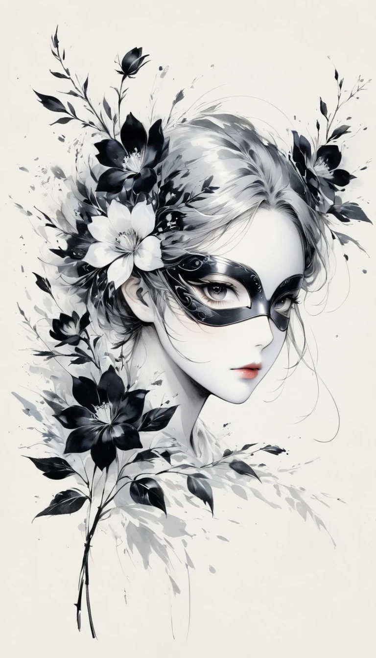 (Anime line drawing:1.5)，black and white painting，Minimalism，line art，sketch，Charcoal drawing，mask，flower