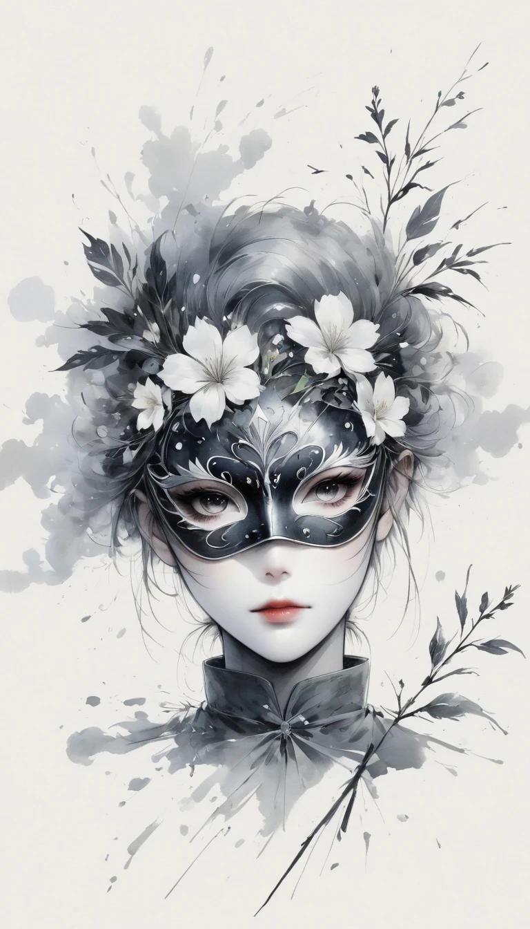 (Anime line drawing:1.5),black and white painting,Minimalism,line art,sketch,Charcoal drawing,mask,flower