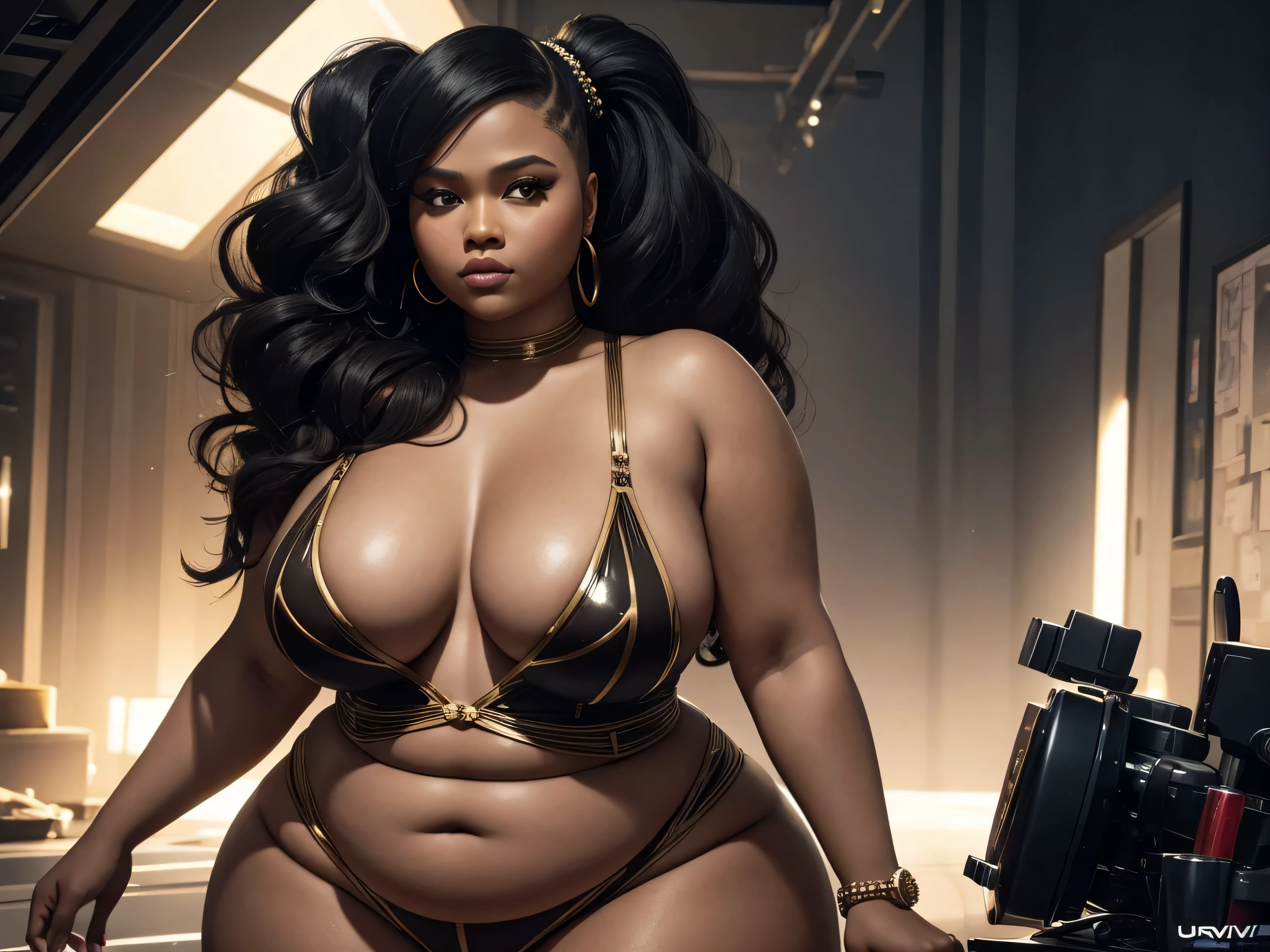 the drawing shows a chubby Zendaya Ava Duvernay Nicki Minaj with hair in an updo, plussize body, curvy chubby body, in the style of hyperrealism and photorealism, glamorous hollywood portraits, exquisite action scene background, chubby body, trace monotone, realistic and hyper-detailed renderings, shiny/glossy, 32k uhd, detailed character illustrations, blending, nude, no clothing, naked,