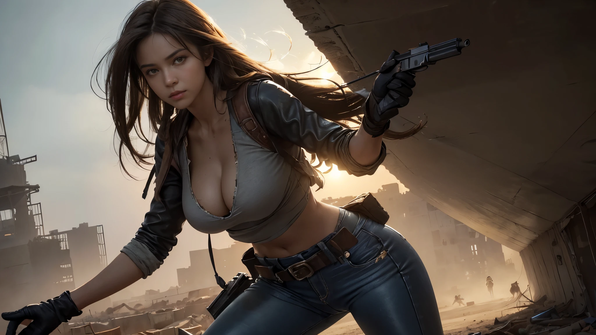 (Super detailed,best quality,high resolution:1.2),(actual:1.37),post apocalyptic,Desert wasteland,barren landscape,city ruins,sandstorm,Fierce sunlight,dusty atmosphere,War-torn,tattered clothes,,dystopian,desolate,futuristic,severe,Gritty,full of action,faded color,dirt, dusty, it's foggy, evening sun,dazzling lights, (a girl, Detailed face, long hair, sexy, big breasts,tight leather pants), pastel colors, dirty, dusty, actual lighting and shadowing, high resolution, Super detailed, ung girl standing in front,denim lenses,Cinema-level lighting effects, noon, pony, pistol, gun, toolbelt, Camera close to the ground,Look up at the girl,(close shot)