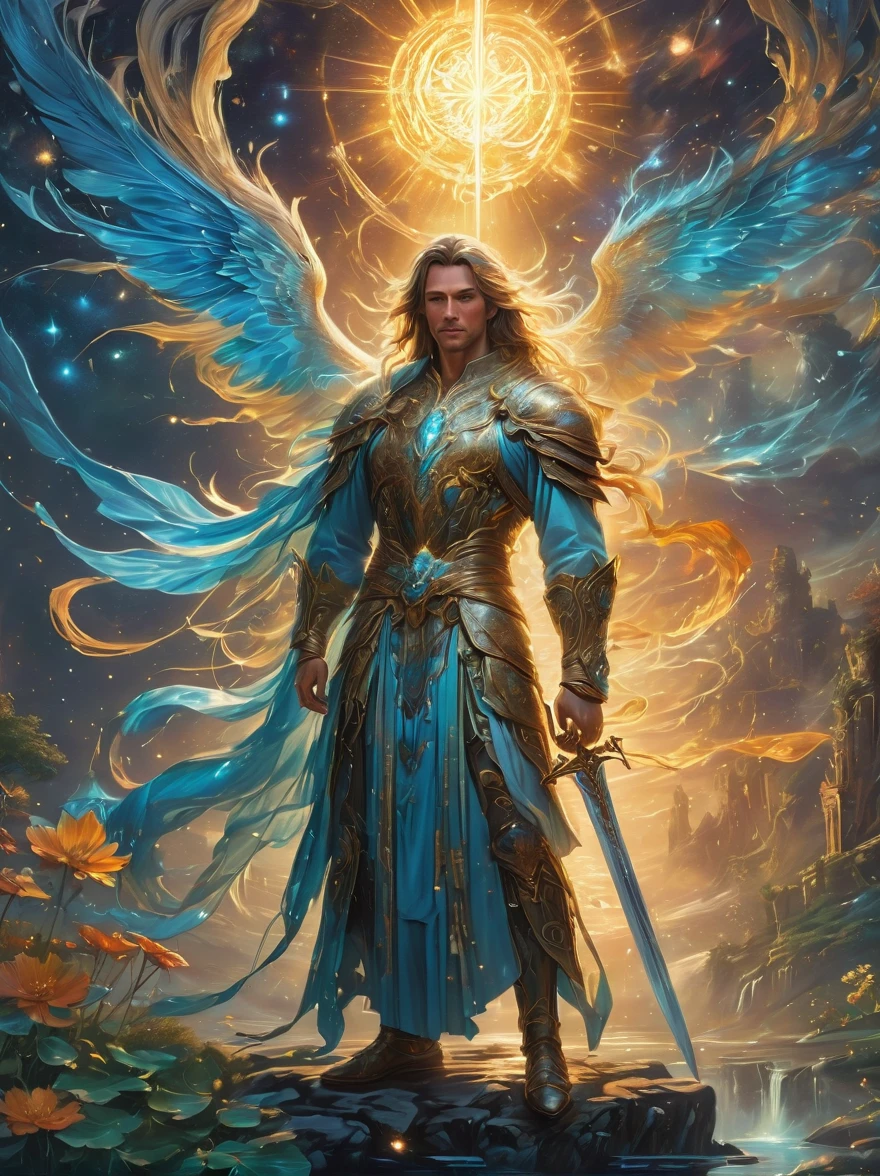 masterpiece，1 male，aldult，Beautiful face，young，advanced，Antique theme，Fairies，Ancient costumes，holding sword，Sunlight，street，Long hair flying，Sunlight，Background style，breeze blowing，Loose robe，fantasy landscape，Starlight around the character，（whole body），(first-person view, pov, UHD, retina, masterpiece, ccurate, anatomically correct, textured skin, super detail, award winning, 8k)
