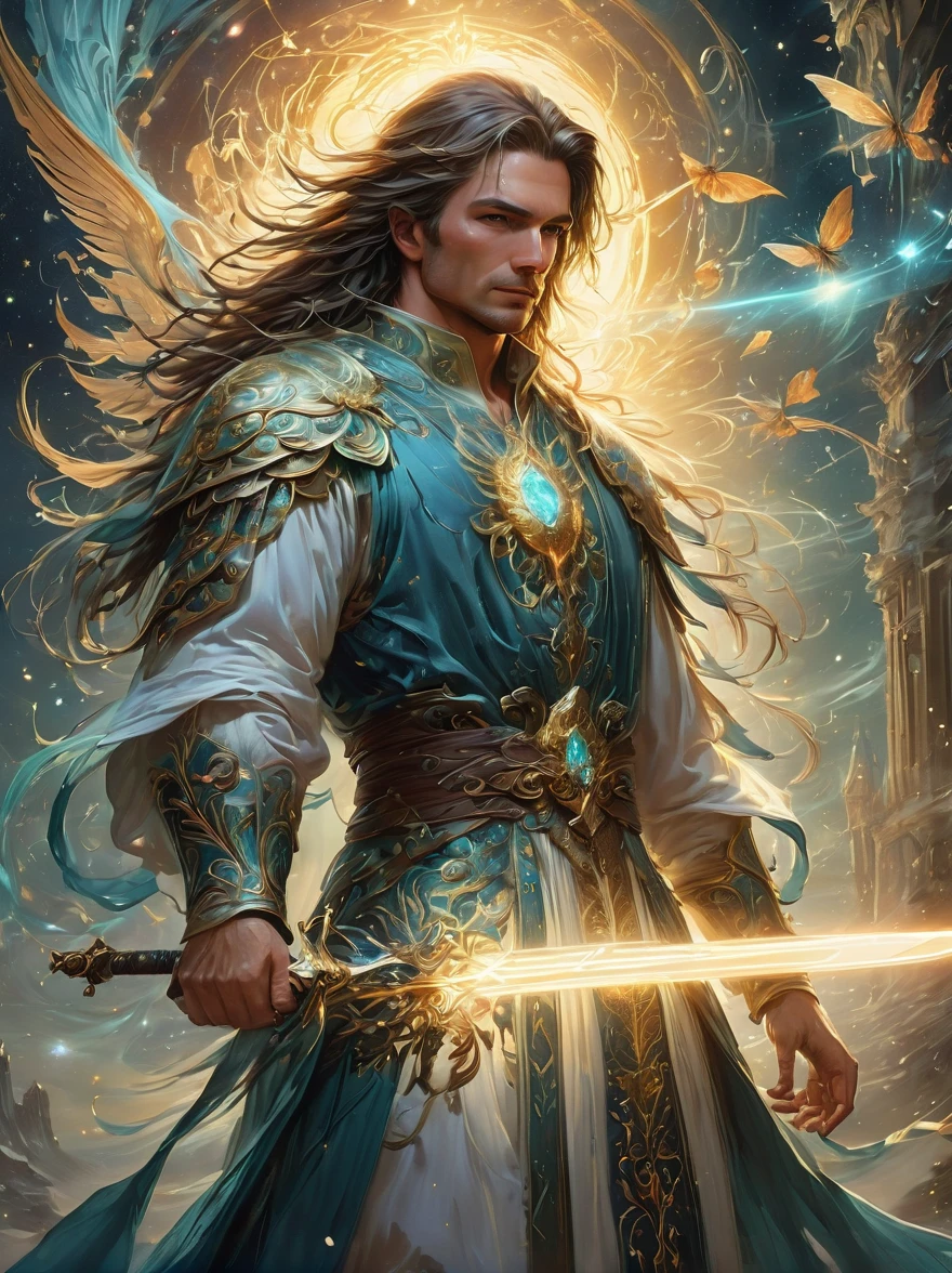 masterpiece,1 male,aldult,Beautiful face,young,advanced,Antique theme,Fairies,Ancient costumes,holding sword,Sunlight,street,Long hair flying,Sunlight,Background style,breeze blowing,Loose robe,fantasy landscape,Starlight around the character,(whole body),(first-person view, pov, UHD, retina, masterpiece, ccurate, anatomically correct, textured skin, super detail, award winning, 8k)