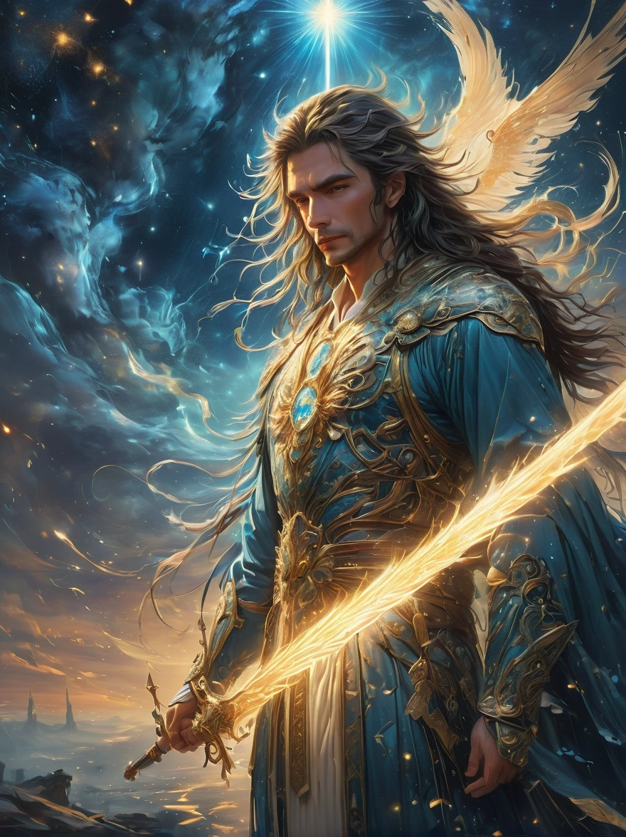 masterpiece，1 male，aldult，Beautiful face，young，advanced，Antique theme，Fairies，Ancient costumes，holding sword，Sunlight，street，Long hair flying，Sunlight，Background style，breeze blowing，Loose robe，fantasy landscape，Starlight around the character，（whole body），(first-person view, pov, UHD, retina, masterpiece, ccurate, anatomically correct, textured skin, super detail, award winning, 8k)

