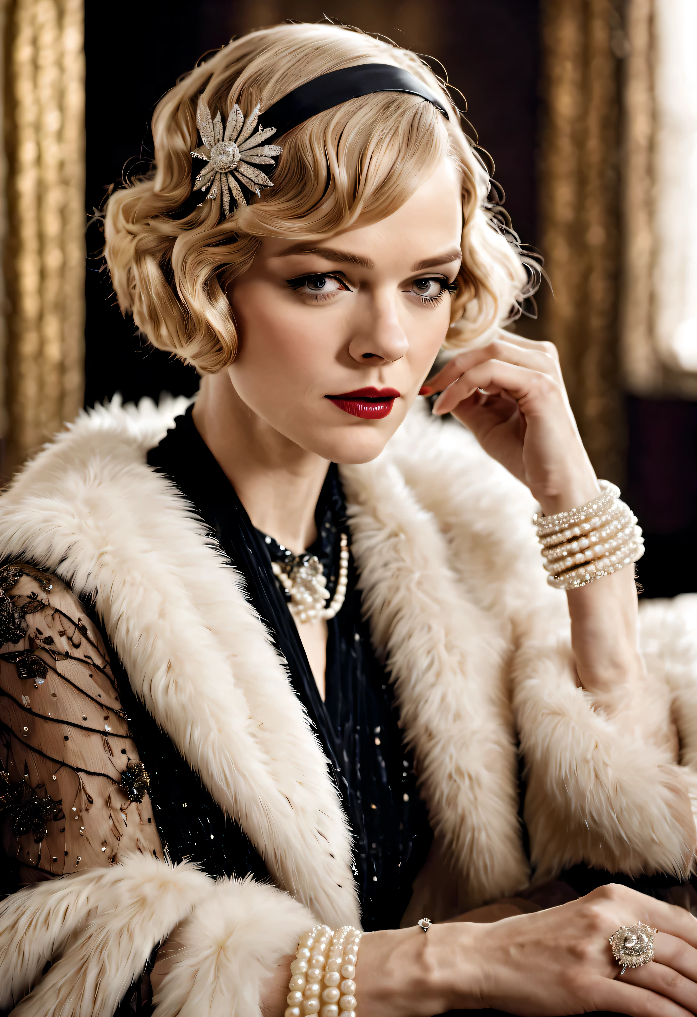 ultra high definition, obra maestra, preciso, Piel texturizada, super details, alto detalle, alta calidad, premiado, Mejor calidad, high resolution, 16k,Mujer vistiendo ropa de moda sentada a la mesa,Coffee in hand, The atmosphere of the 20s, 1 9 2 0 s estilo, 1920s style, rugido 20s, 1 9 2 0 s estilo de tela, Dressed in 1920s fashion, roaring twenties, 1920s retro dystopian vibe, Arte deco era,(rubio:1.34),Carey Mulligan(Carey Mulligan)Usando un abrigo de piel,Use joyas de perlas,Ropa de encaje personalizada avanzada,Dedos perfectos,brillante, piel blanca,super clear, &citar;Gran Gatsby&citar; fotogramas,Anillo de lujo con perlas y diamantes,pulsera,corona,Dressed in 1920s fashion, 20s hairstyles, 1 9 2 0 s estilo, 1 9 2 0 ropa, 1 9 2 0 s estilo de tela,Arte deco,