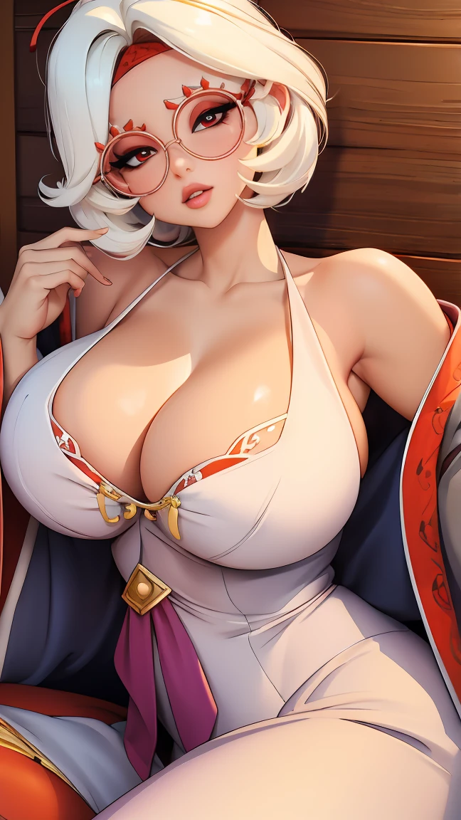 ((masterpiece)), ((best quality)), (detailed), perfect, solo, purah, gorgeous woman with cleavage, luscious lips, white hair, huge breast, deep cleavage, huge breasts, sexy, lying down 