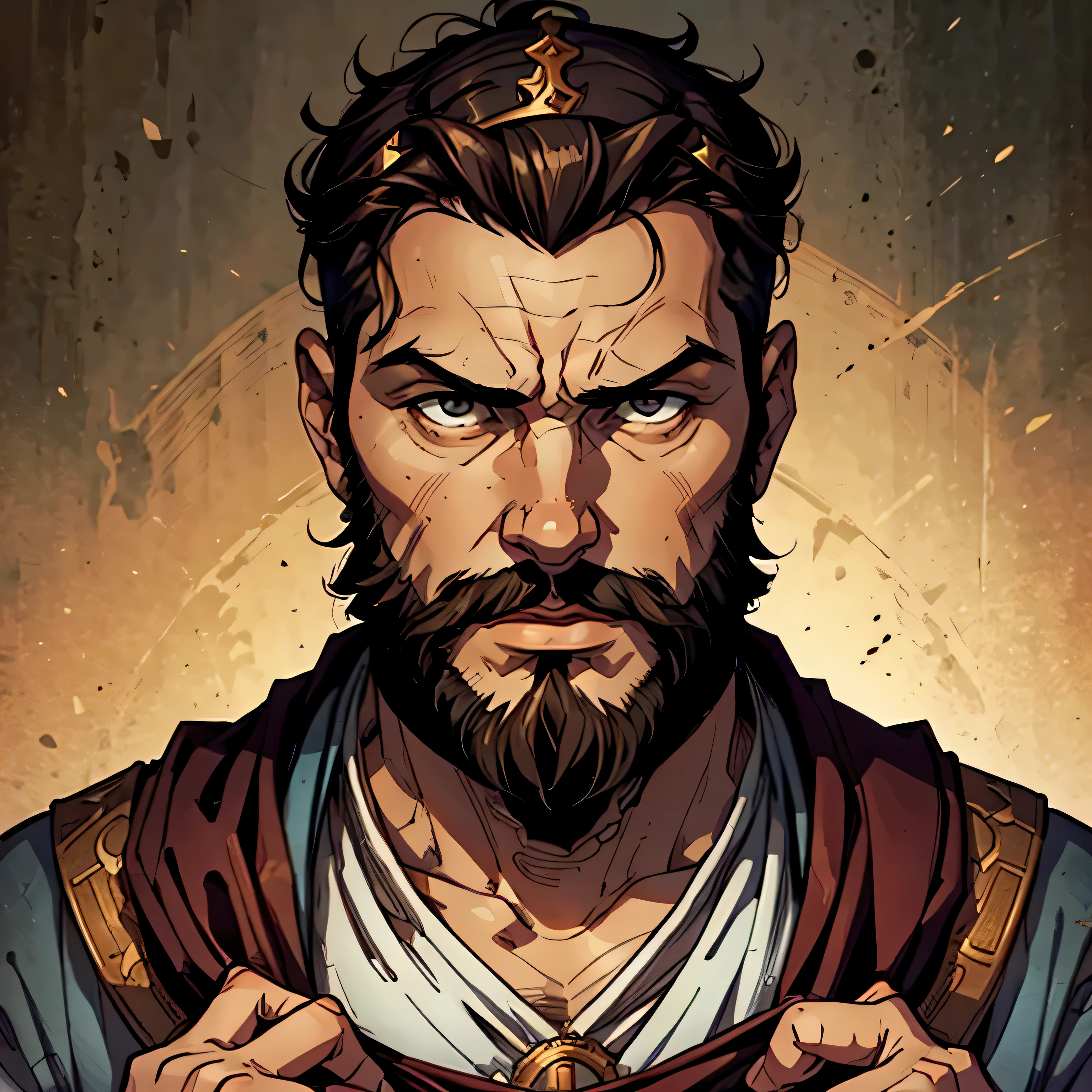 best quality image, man, biblical style king, 35 years old, short hair, with thick beard, round face, small forehead, expressive look, serious, wearing biblical style king clothes, with nothing in his hands, Hebrew