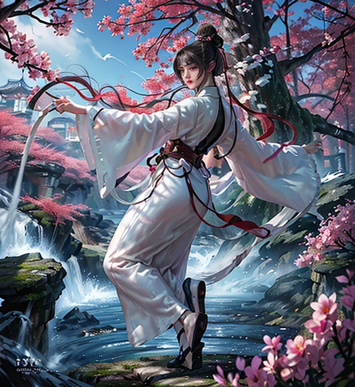 2D, ultra-hd 8k,extreme quality, extremely detailed, high quality, masterpiece, detailed portrait, (full body:1.5),artwork, Best quality, 8k, Photorealistic, fighting position,wing chun fighting style, perspective 5.0, 1girl dresses as if moving The Flying Swords of Dragon Gate,linen_clothes,perfect anatomy, beautiful appearance, Detailed hair tied back, detailed fingers, detailed hair, hyper-detailed face, view from a distance, perfect eyes, detailed eyes, Anime Art, Vector, young woman, ((practicing wing chun)) ((kung-fu)), in a round clearing, surrounded by beautiful flowering trees