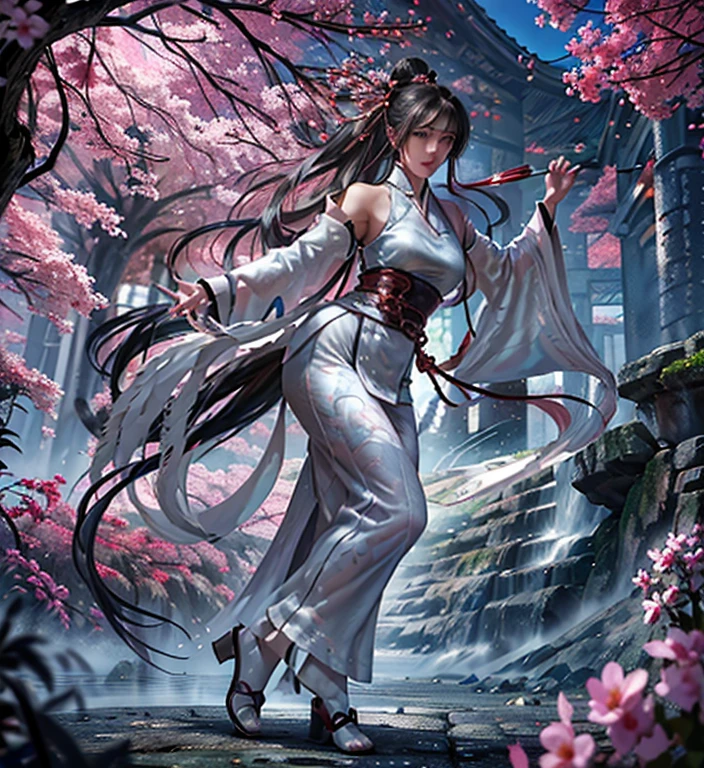 2D, ultra-hd 8k,extreme quality, extremely detailed, high quality, masterpiece, detailed portrait, (full body:1.5),artwork, Best quality, 8k, Photorealistic, fighting position,wing chun fighting style, perspective 5.0, 1girl dresses as if moving The Flying Swords of Dragon Gate,linen_clothes,perfect anatomy, beautiful appearance, Detailed hair tied back, detailed fingers, detailed hair, hyper-detailed face, view from a distance, perfect eyes, detailed eyes, Anime Art, Vector, young woman, ((practicing wing chun)) ((kung-fu)), in a round clearing, surrounded by beautiful flowering trees