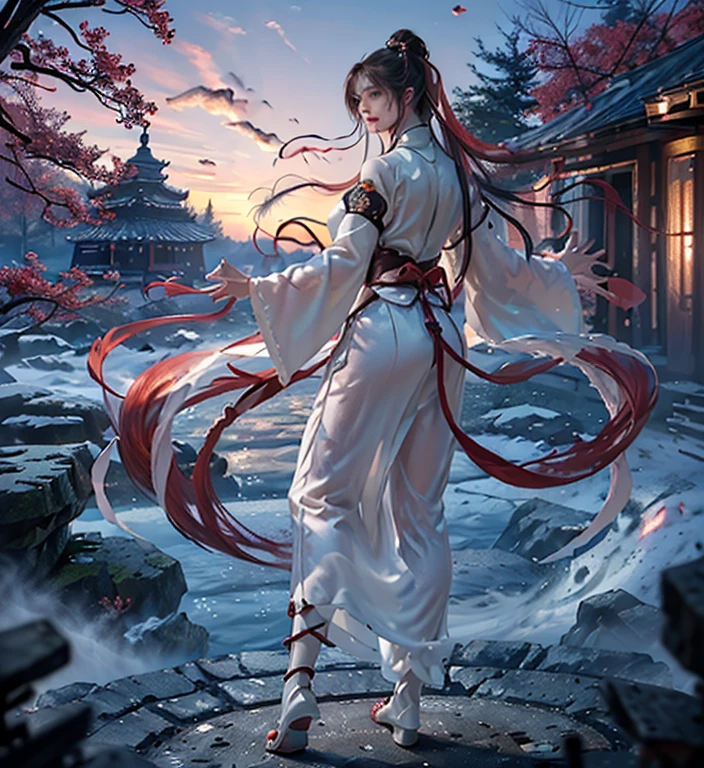 2D, ultra-hd 8k,extreme quality, extremely detailed, high quality, masterpiece, detailed portrait, (full body:1.5),artwork, Best quality, 8k, Photorealistic, fighting position,wing chun fighting style, perspective 5.0, 1girl dresses as if moving The Flying Swords of Dragon Gate,linen_clothes,perfect anatomy, beautiful appearance, Detailed hair tied back, detailed fingers, detailed hair, hyper-detailed face, view from a distance, perfect eyes, detailed eyes, Anime Art, Vector, young woman, ((practicing wing chun)) ((kung-fu)), in a round clearing, surrounded by beautiful flowering trees