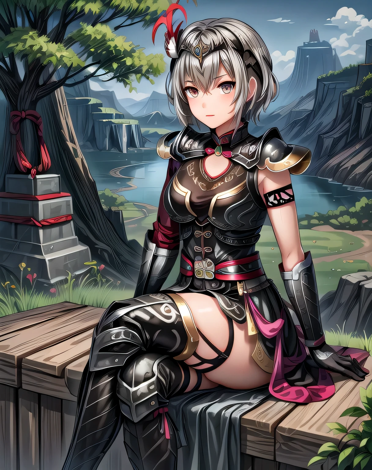 best quality, (masterpiece:1.2), illustration, absurdres, (1girl, solo), (beautiful detailed girl), Lu Lingqi, grey hair, brown eyes, short hair, headpiece, feathers, armored dress, shoulder armor, black skirt, thigh boots, armored boots, gloves, grassy mountains, trees, japanese architecture, river, plants,, hands between legs, (upper body),, looking at viewer, confident, proud, small breasts, sitting, crossed legs
