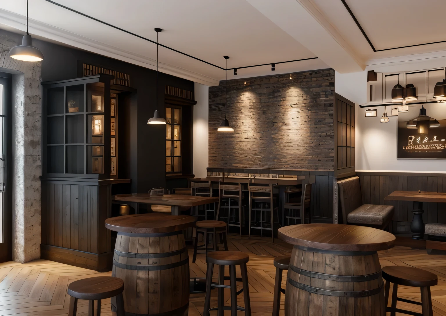 (realistic photo of pub) interior design, dark tone color, dark wooden furniture ,ceiling light, wooden floor, (white wall, white plater ceiling), glass window, decor on wall . European style,