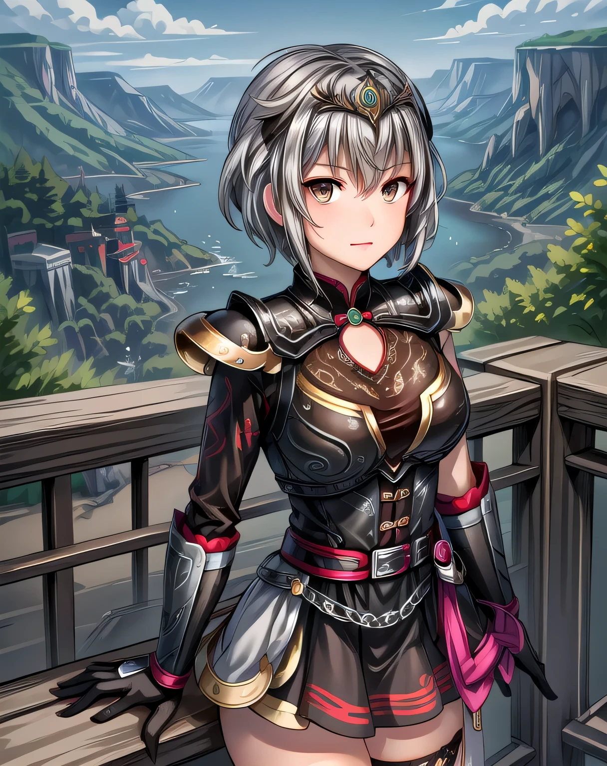 best quality, (masterpiece:1.2), illustration, absurdres, (1girl, solo), (beautiful detailed girl), Lu Lingqi, grey hair, brown eyes, short hair, headpiece, feathers, armored dress, shoulder armor, black skirt, thigh boots, armored boots, gloves, grassy mountains, trees, japanese architecture, river, plants,, hands between legs, (upper body),, looking at viewer, confident, proud, small breasts
