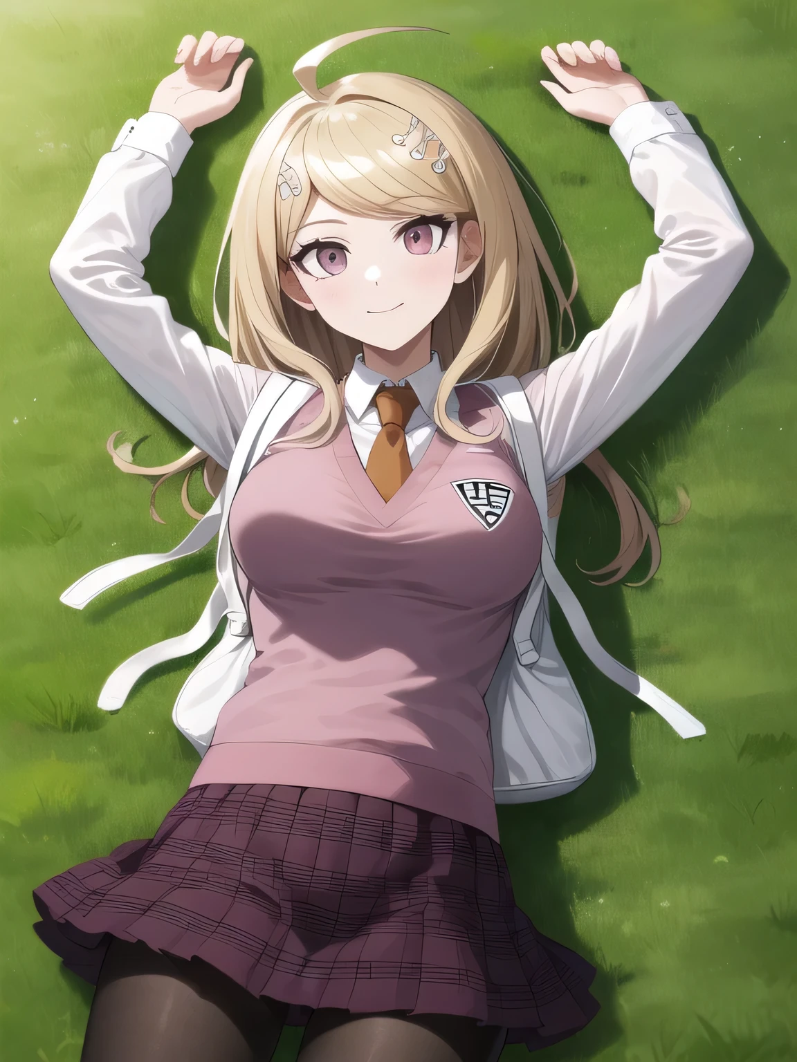 masterpiece, best quality, highres, aakaede, long hair, ahoge, hair ornament, breasts, , necktie, pink vest, sweater vest, collared shirt, long sleeves, backpack, pleated skirt, purple skirt, print skirt, pantyhose, closed mouth, solo, spread arms, arms up, smile, lying, on back, on grass, looking at viewer, solo, in the center, (cowboy shot: 1.3), high quality,