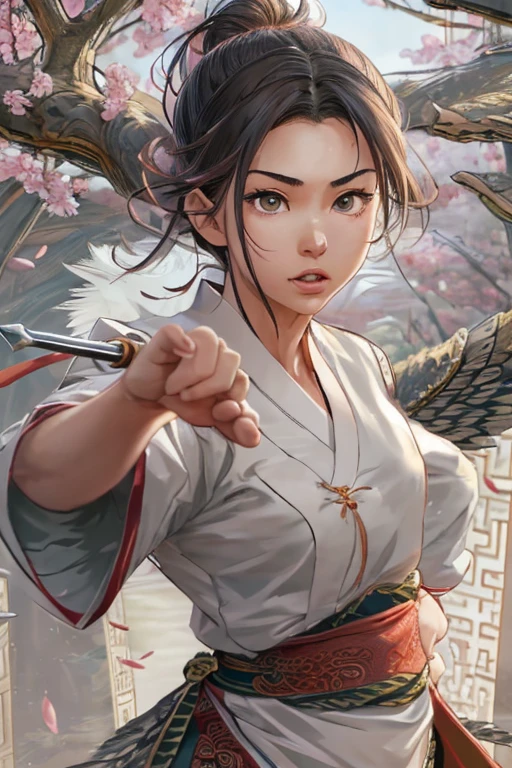 2D, ultra-hd 8k,extreme quality, extremely detailed, high quality, masterpiece, detailed portrait, (full body:1.5),artwork, Best quality, 8k, Photorealistic, fighting position,wing chun fighting style, perspective 5.0, 1girl dresses as if moving The Flying Swords of Dragon Gate,linen_clothes,perfect anatomy, beautiful appearance, Detailed hair tied back, detailed fingers, detailed hair, hyper-detailed face, view from a distance, perfect eyes, detailed eyes, Anime Art, Vector, young woman, ((practicing wing chun)) ((kung-fu)), in a round clearing, surrounded by beautiful flowering trees