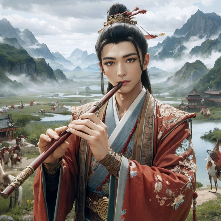 (Best Quality:1.2), (high resolution:1.2), (beautiful face and eye:1.2), (sharpest focus:1.2), (Ultra-realistic Photo:1.2), (Ultra-precise Photo:1.2), (Depth of field:1.2), (8k high resolution:1.2), (perfect anatomy:1.2), (nice hands:1.5),
(perfect hands:1.5), (Very young and masculine and dignified and beautiful Chinese male:1.5), (Beautiful nobleman:1.0), (A beautiful nobleman:1.0), (A shiny black hermit-like garment with fancy embroidery:1.0), (A gentle smile:1.3),
(Playing an iron flute:1.5), (A secluded hermit-like place deep in the mountains of China:1.0), (A mysterious fairyland:1.2), (Birds and animals gathered to listen to the sound of the flute:1.3), (Looking up angle:1.0),