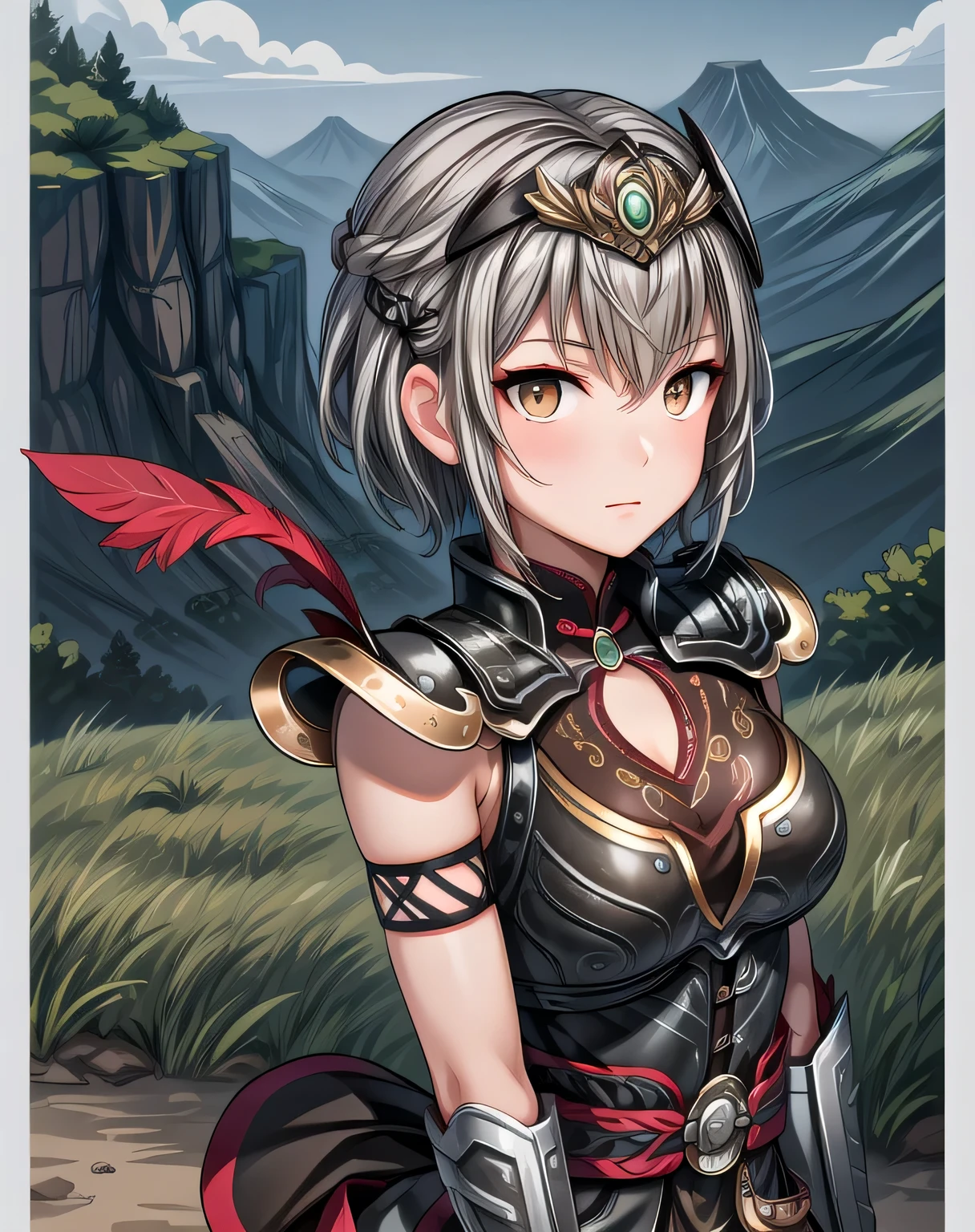 best quality, (masterpiece:1.2), illustration, absurdres,
(1girl, solo), (beautiful detailed girl),
Lu Lingqi, grey hair, brown eyes, short hair,
headpiece, feathers,
armored dress, shoulder armor, black skirt, thigh boots, armored boots, gloves,
grassy mountains, trees, japanese architecture, river, plants,, hands between legs, (upper body, portrait),,
looking at viewer, confident, proud, small breasts
