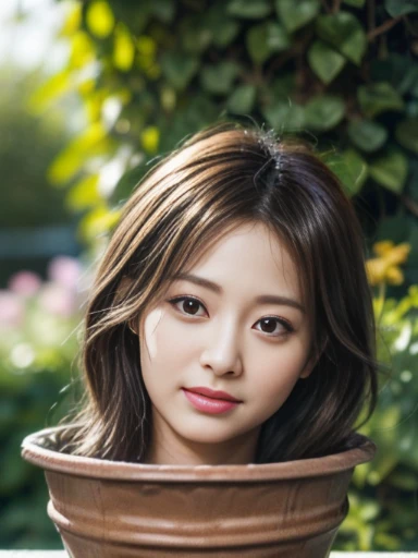 (masterpiece,best quality,photo-realistic:1.2),highres, (highly detailed face), (highly detailed skin), (Japanese young adult woman's head in a pot:1.8), (pot on a table, in the garden, neck, neck up, face in front, front view, eye contact, looking at viewer:1.5), depth of field, ((smile)), (fine-textured skin:1.5), dark hair, outdoor, garden, daytime, sunny, cinematic lighting, soft lighting, 