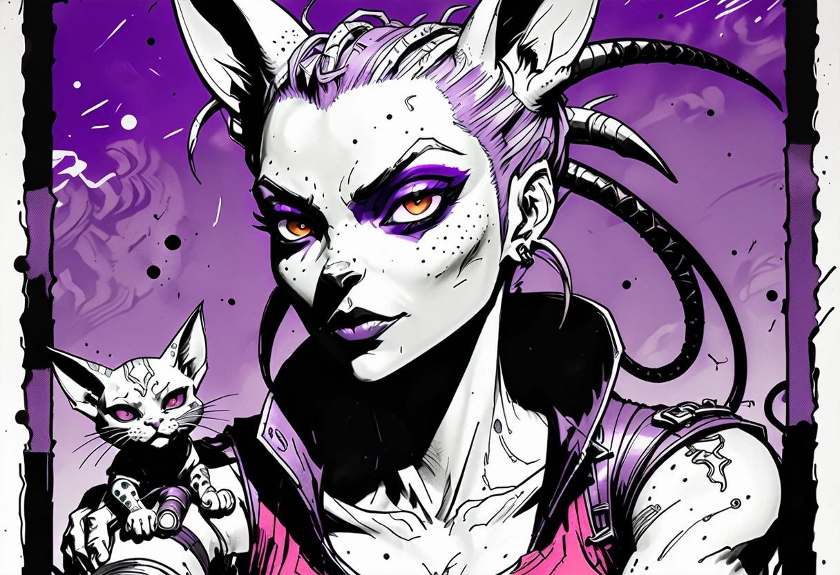 black and white, shades of gray expressive ink lines, ink line drawing, hand drawn, cel shading, anime style, Tank Girl (Australian outlaw, punk, Jamie Hewlett style reference), petting the hairless cat beerus in her lap (Dragon Ball Z purple cat), cel shading, rich color grading, depth, hyper maximal, strange, intense, nuanced, precise, bold harsh ink art style,