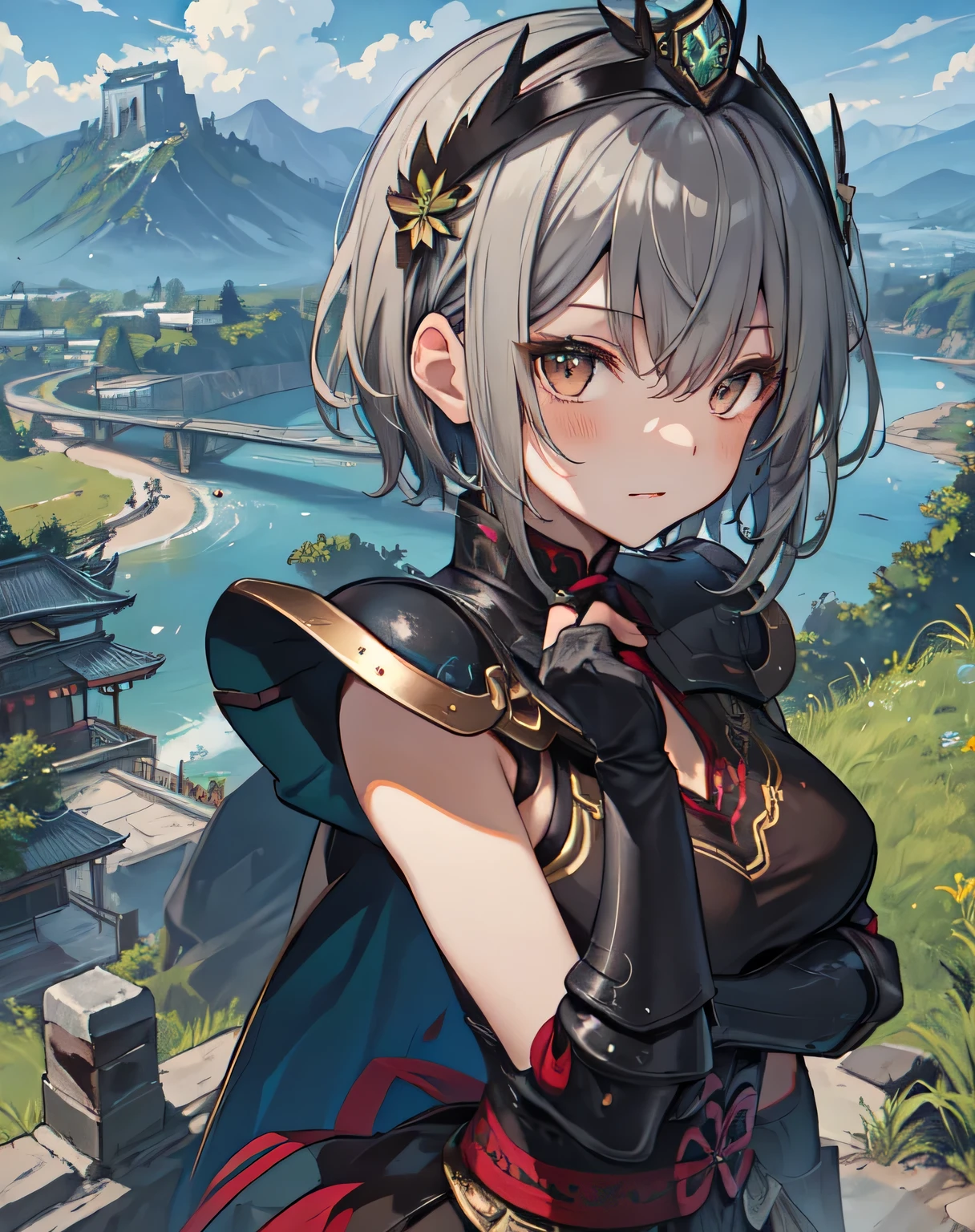 best quality, (masterpiece:1.2), illustration, absurdres, (1girl, solo), (beautiful detailed girl), Lu Lingqi, grey hair, brown eyes, short hair, headpiece, feathers, armored dress, shoulder armor, black skirt, thigh boots, armored boots, gloves, grassy mountains, trees, japanese architecture, river, plants,, hands between legs, (upper body, portrait),, looking at viewer, confident, proud,
