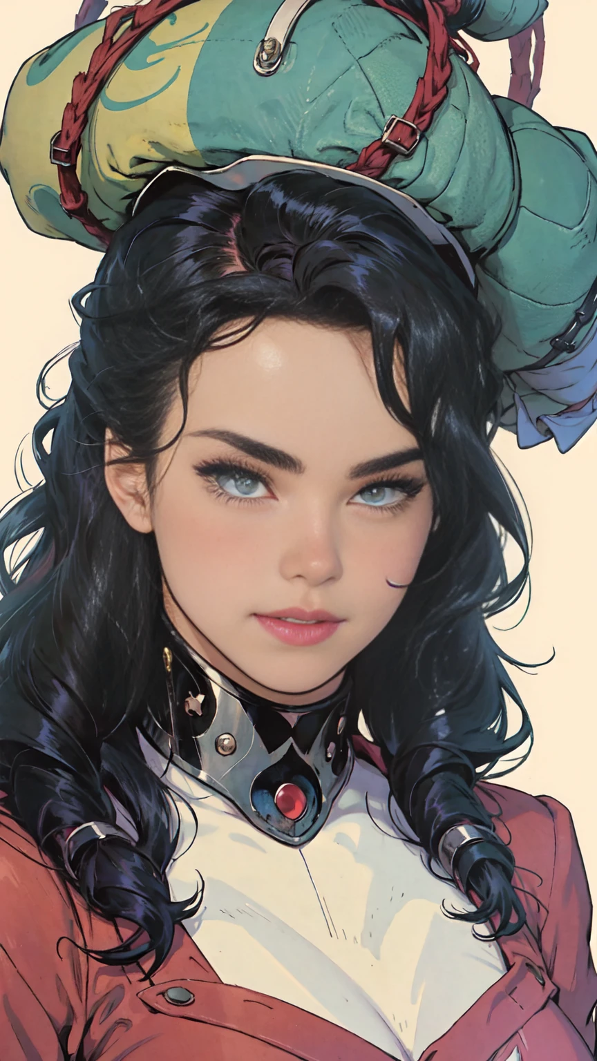 masterpiece,extremely beautiful woman,Excellent sense,cleavage,(((perfect very white background))),American Comics,(((The Perfect One Woman))),(speech bubble),strongest,(((one person))),colorful,Rainbow-colored,Highly detailed upper body,breast enhancement,Lines,highly detailed face,