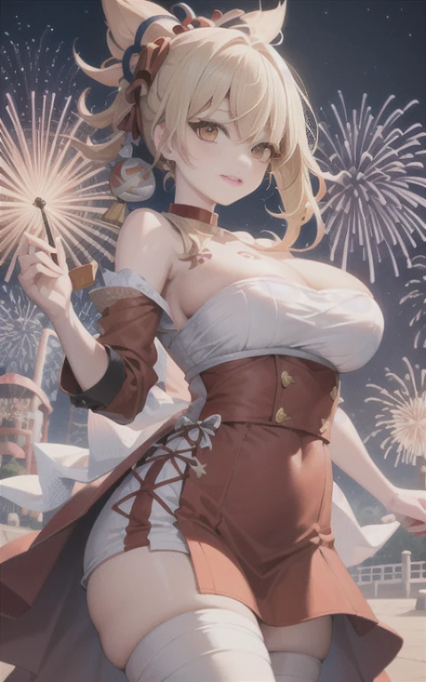 1 girl, red wedding dress, White suspenders, amusement park, beautiful breasts、huge breasts:1.4,plump breasts, blink, ultra high definition, Ultra-detailed,8K quality,