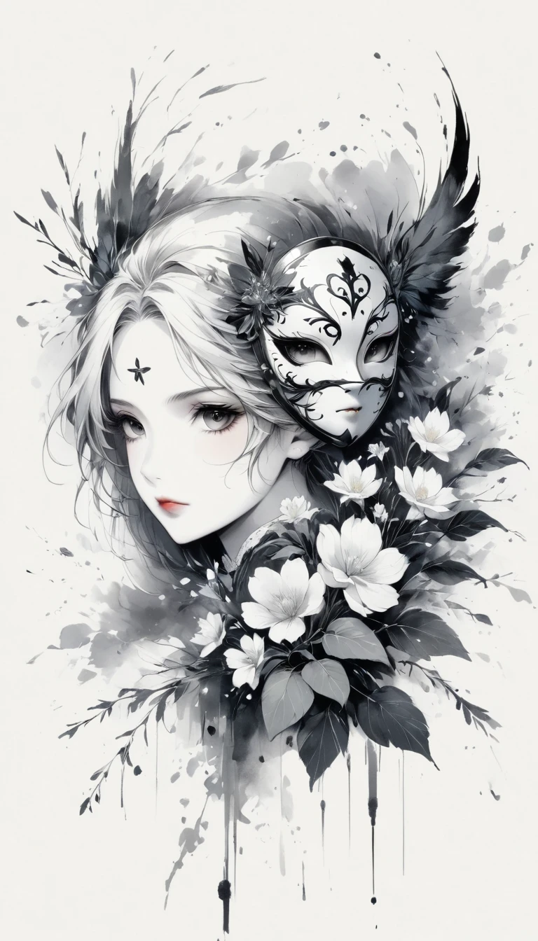 (Anime line drawing:1.5),black and white painting,Minimalism,line art,sketch,Charcoal drawing,mask,flower