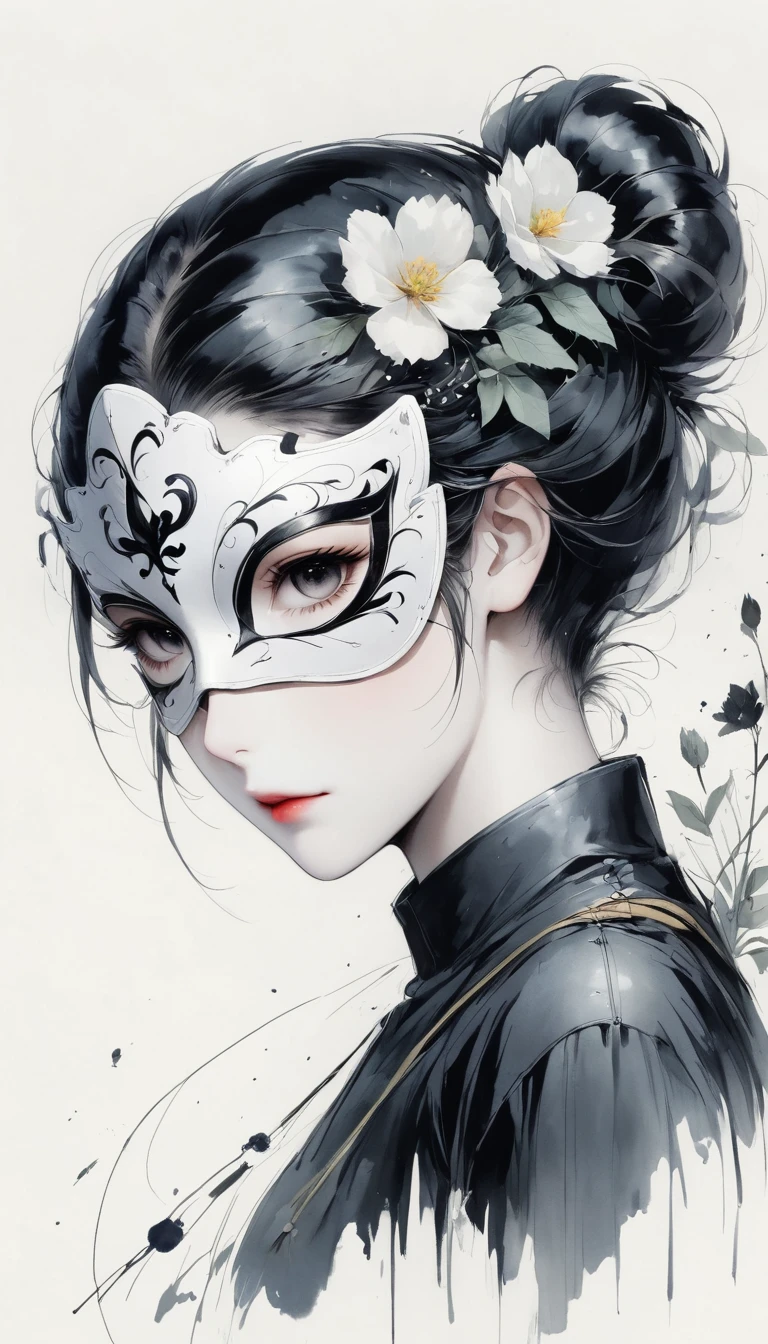 (Anime line drawing:1.5),black and white painting,Minimalism,line art,sketch,Charcoal drawing,mask,flower