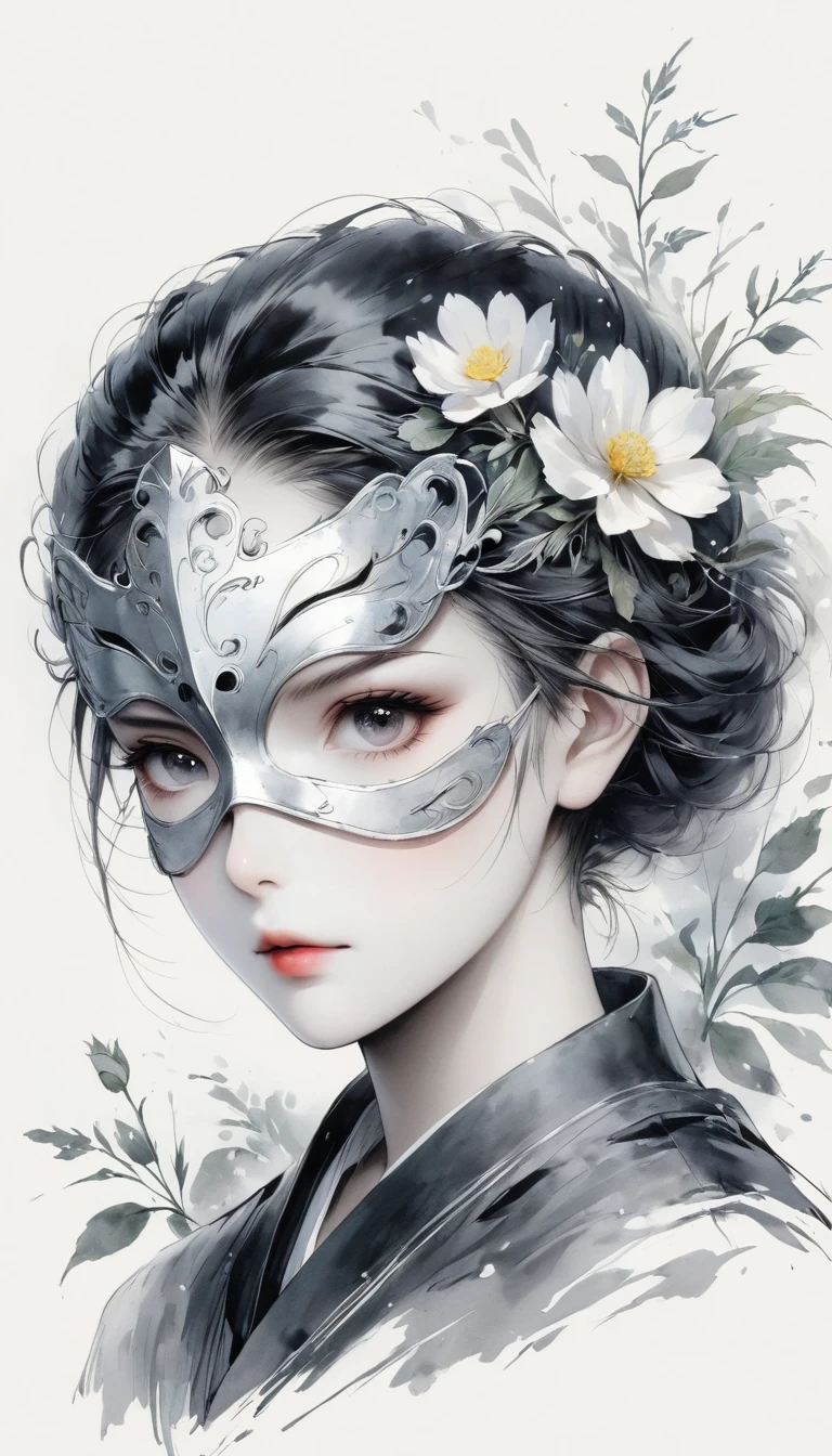 (Anime line drawing:1.5),black and white painting,Minimalism,line art,sketch,Charcoal drawing,mask,flower