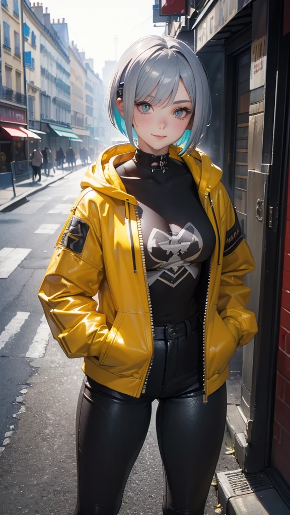 (Highly detailed CG unit 8k wallpaper, masterpiece, High resolution, highest quality, natural skin texture), Composition from head to stomach:1.5, (20 year old woman, Hands in pockets pose:1.5, smile, detailed eyes, gradient eyes), (Stalgic Fashion, Yellow-lined hooded jacket, leather hot pants, Asymmetrical punk short hair:1.2, ash gray hair), (Backstreets of Paris:1.3, Colourful flower beds along the road, cinematic lighting), high contrast, hyper realistic, digital painting, concept art,