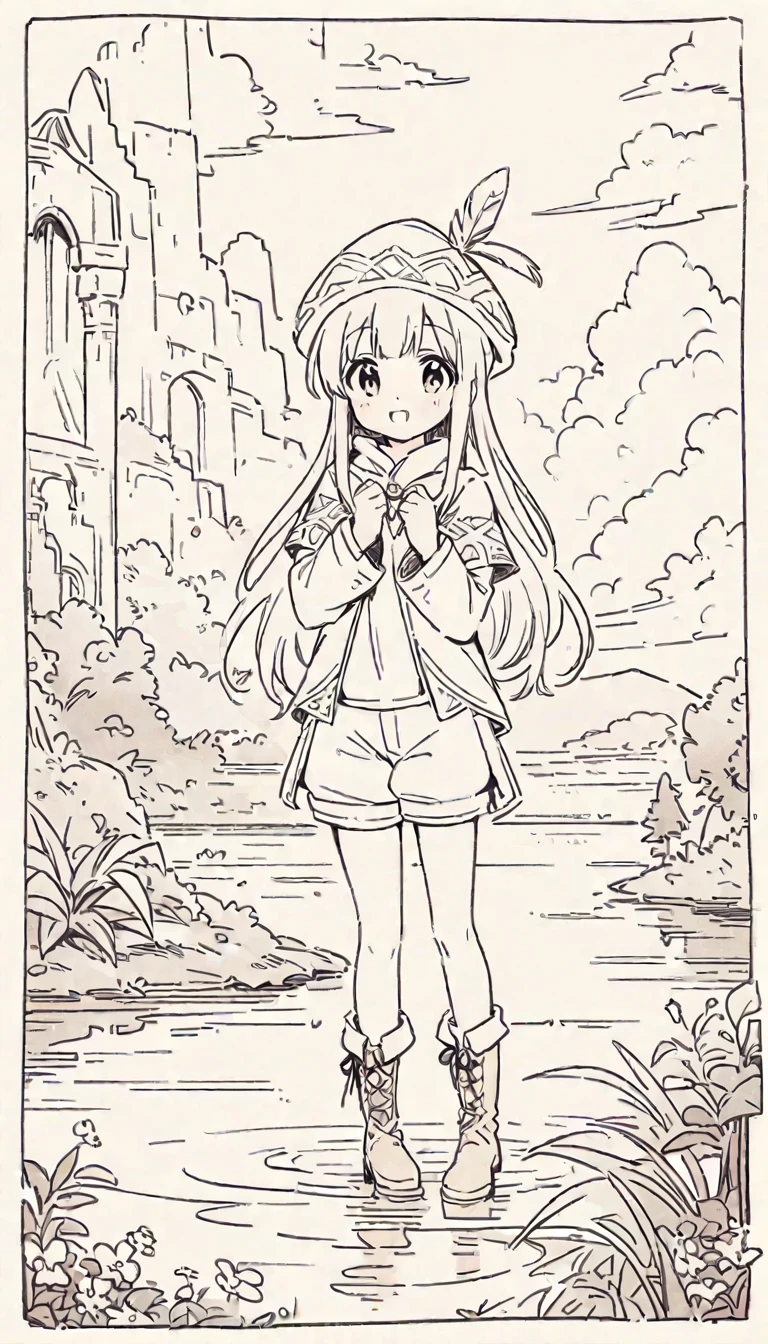 Anime line drawing, line art, Cute Q version girl, black and white, Fengshin, long hair, medium breasts, happy, feather embellished hat, coat, (fantasy:1.1) (middle Ages:1.1) (pantyhose:1.1), shirt, shorts, Wool boots, enchanted forest, flowers, ancient ruins, lake, Sky, cloud