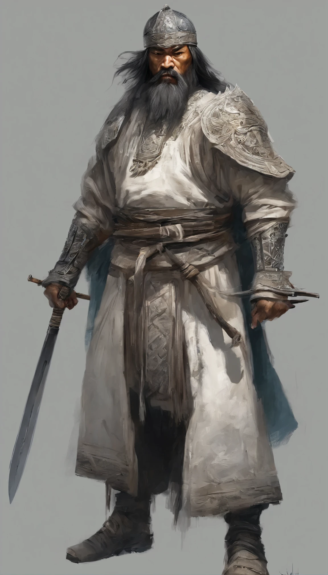 middle-aged man, of painting style, high resolution, black hair, Half is the body of a demon，Half a demon face, Chinese warrior, Exquisite three-dimensional blue flame devil face, bearded, wearing a hat, Expressions of anger, perfect body proportions, joke, black and white robe, A scabbard hangs from his waist, Handsome, full body view, stand up, （White background：1.3）, swordsman, He held a long, wide and heavy knife in his hand。。。。, facing the camera, （black clothes：0.8）, high detail, masterpiece, precise, anatomically correct, textured skin