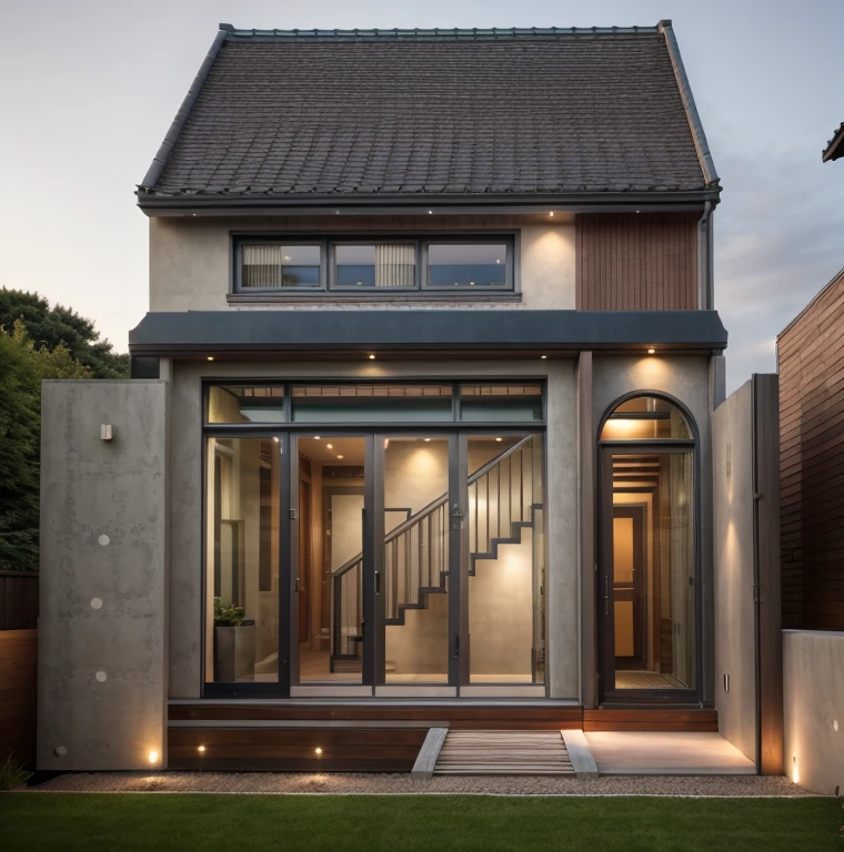a rendering of a modern house and a garden, wabi-sabi style, smooth roof, green grass ultra realistic,at sunset ultra realistic, interior lights ultra realistic, exterior design, high quality rendering, subdivision, highly realistically detailed, award-winning render, complex and detailed