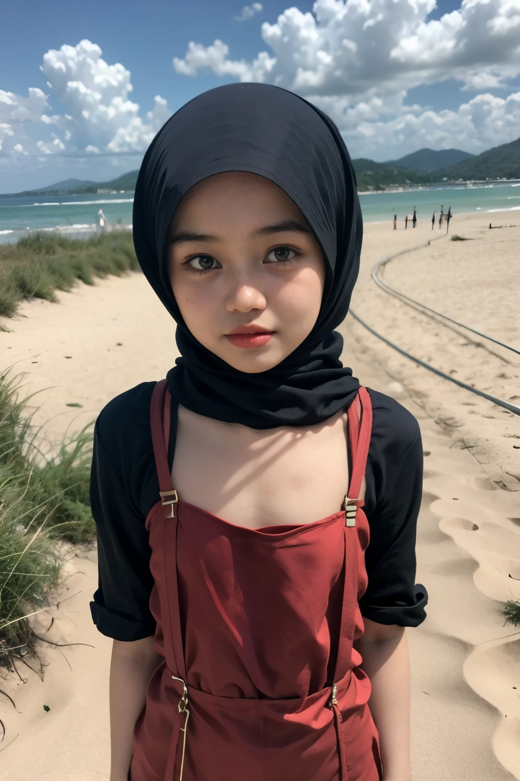 (Wearing Lingerie Top Suspender), (((HIJAB MALAY GIRL))), masutepiece, High quality, UHD 32K, Realistic face, Realistic skin feeling , A Japanese Lady, 8 years old, , Very cute and baby-like face, (((FLAT CHEST))), (MATRIX WORLD), ((look In front  at the camera and SADNESS)), (((CUTE GIRL))), ((RED LIPS)), ((CHUBBY)), (undress, at beach