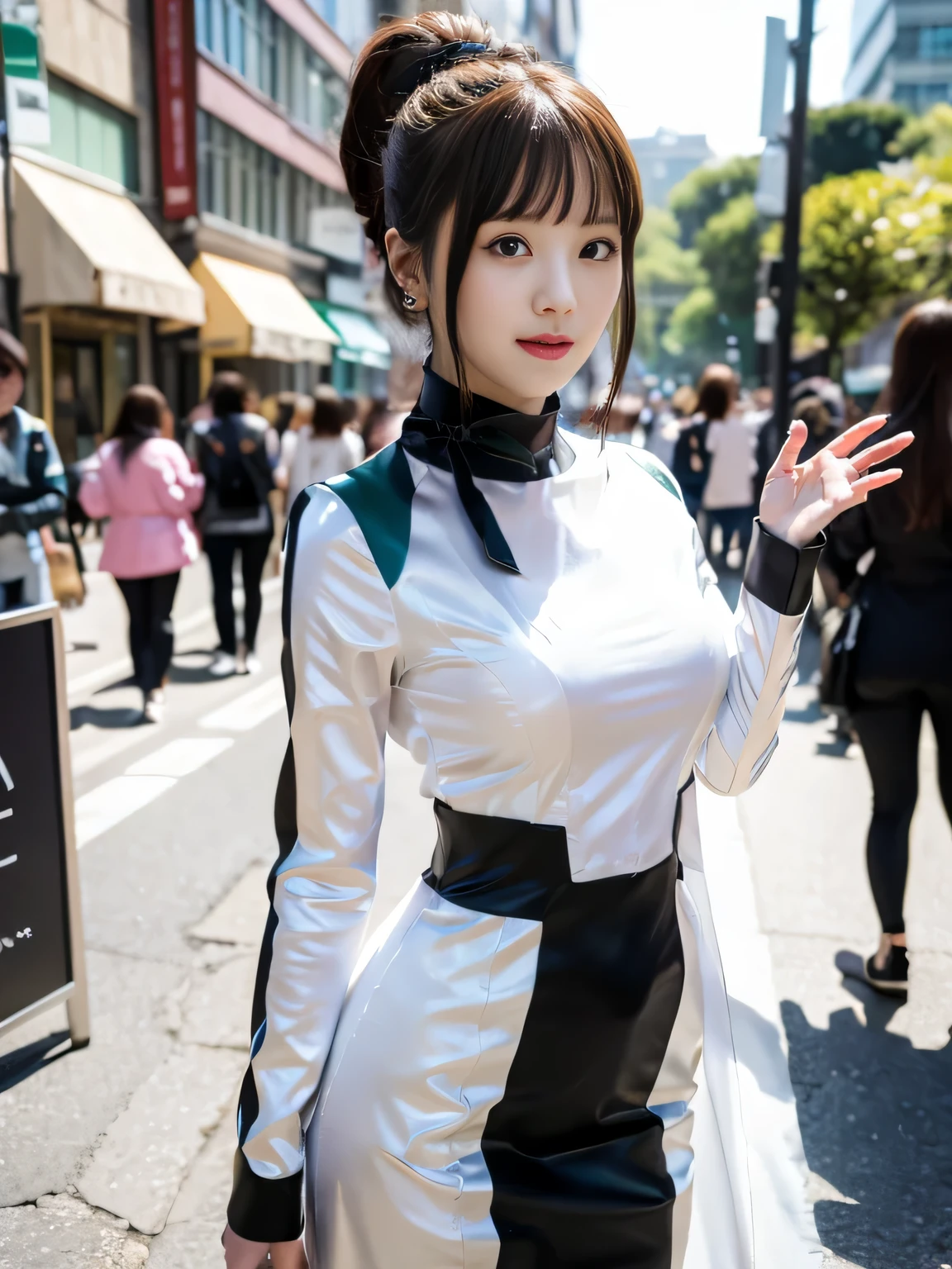 (highest quality、8K、32k、masterpiece、UHD:1.2、perfect body beauty:1.5、Wearing a futuristic hero suit with a pale pink and white shine:1.8、rain、street、Cute 25 year old Japan woman、medium breasts:1.5、ponytail、Upper body、front、simple background、looking at the viewer、dynamic pose:1.2、sunlight pours down、NSWF:1.2