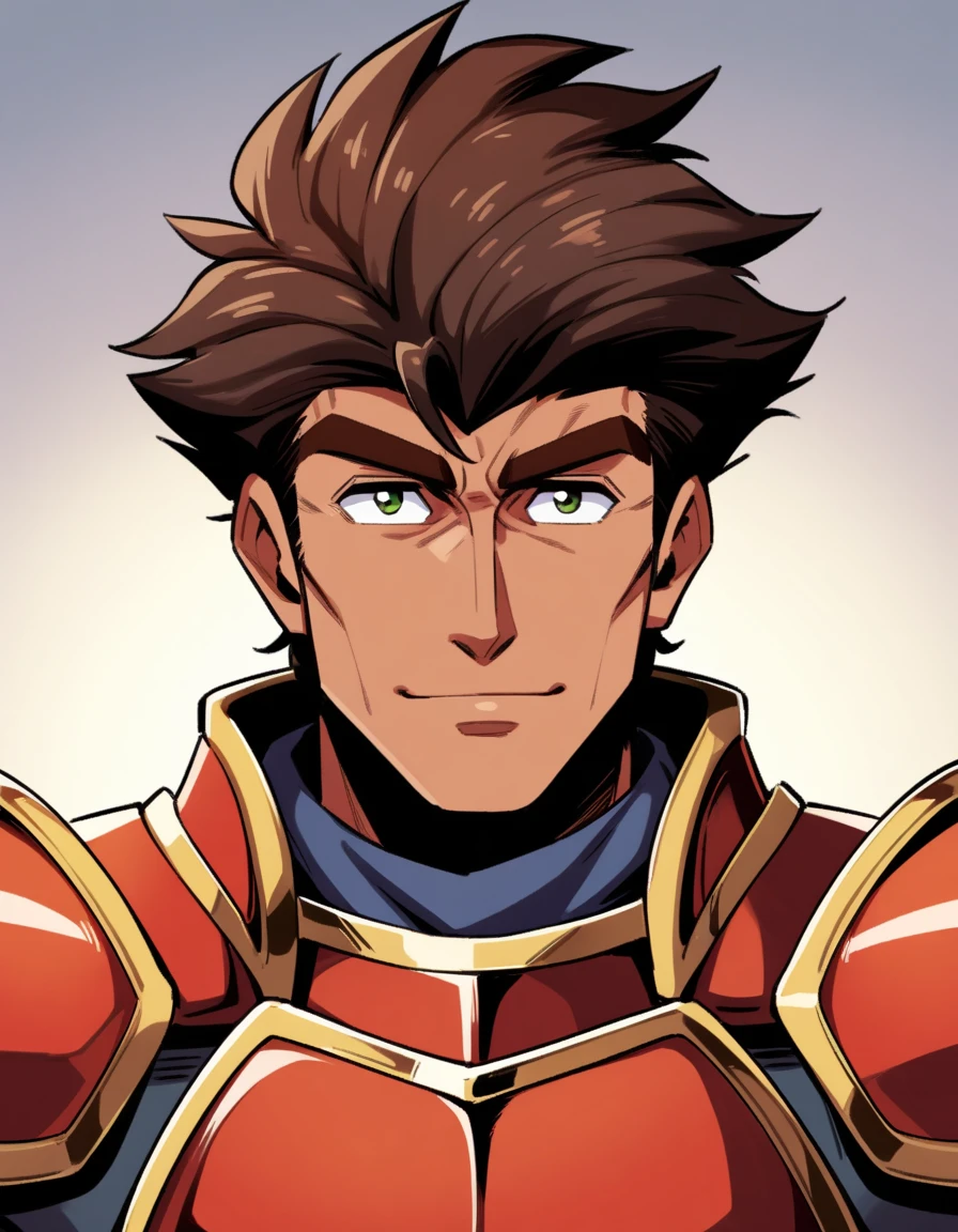 1980s, 1father, musclar Knight, solo, bangs, upper waist, 40yo, brown hair, evergreen eyes, red full plate armor, thick brown eyebrow, sanpaku, tanned skin, small eyes, light smile, top of head in frame, [facial wrinkles], visual novel