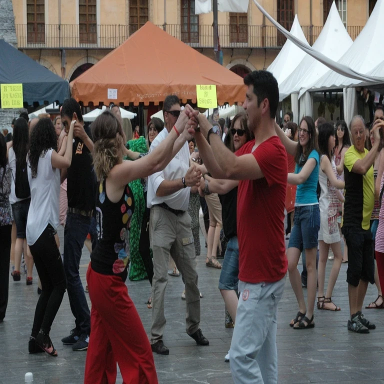 people dancing in a square with tents and tents in the background, people dancing, salsa social dance, salsa dancing, people dancing in background, dancing people, festival, couple dancing, salsa tricks, dancers, elaborate composition, dancing a jig, tomas sanchez, dance scene, dancing, tlaquepaque, in spain, crowd of cool people dancing, dancing with each other