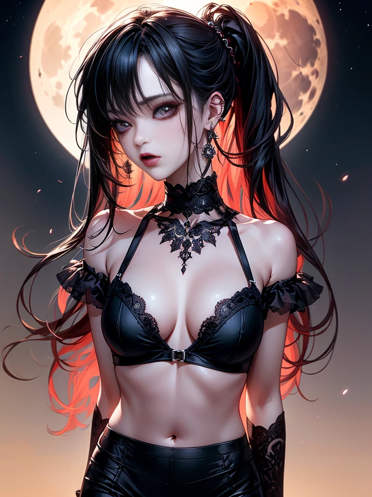 two kiss、Depth of bounds written, detailed eye, ((CG illustration)), ((face focus)), ((masterpiece)), ((8K)), ((super detailed)), ((Super high quality)), ((cinematic)), ((Photoreal)), ((close up shot)), (solo), (cool girl), very long hair, straight hair, (((thin body))), Glossy skin, ((look away)), (Beautiful goth girl with high cheeks and legs), Gothic makeup, clear eyes, lipstick, dark eye shadow, ((No bra)), choker, earrings, provoke, night, ((full moon)), ((Functional)), Lonely, Visual kei, ((pastel colour)), Unwound clothes, forget, kiss, White Knight, dark, silence