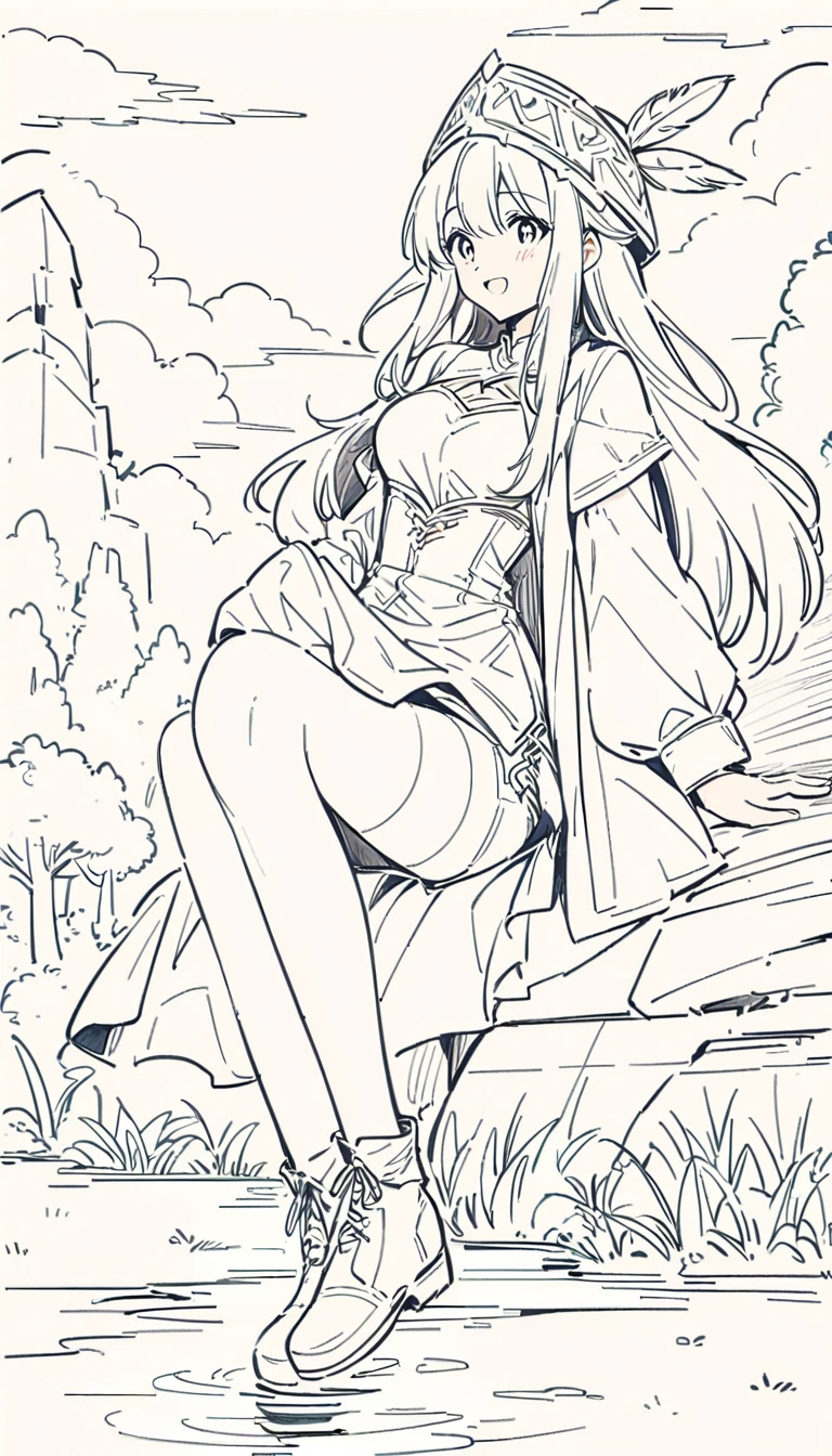 Anime line drawing, line art, 1 girl, black and white, Fengshin, long hair, medium breasts, happy, feather embellished hat, coat, (fantasy:1.1) (middle Ages:1.1) (pantyhose:1.1), shirt, shorts, Wool boots, enchanted forest, flowers, ancient ruins, lake, Sky, cloud