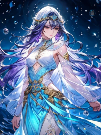 masterpiece、realistic style、very long purple hair、Beautiful woman、white bikini armor、Sleeveless light blue see-through Celtic dress 1:5、Light blue see-through long skirt、 small breasts), (perfect body)　transparent nipples、dignified expression、Standing on a moonlit lake、dark fantasy　Different world