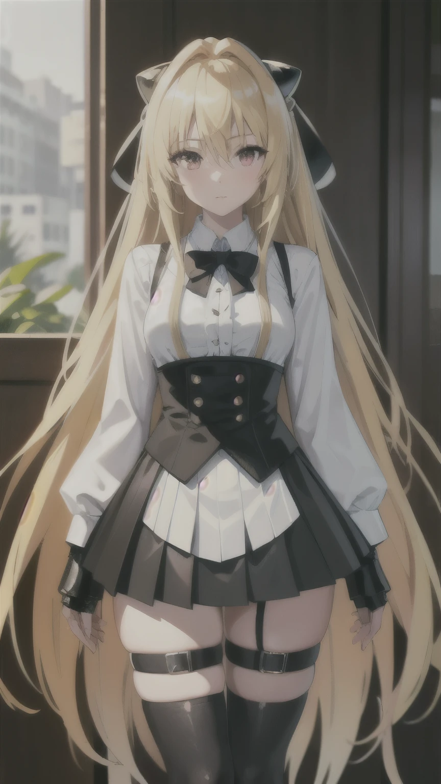 (masterpiece: 1.6, best quality), (finely detailed beautiful eyes: 1.2), phyami, yamisch, 1girl, long hair, solo, hair ornament, hair between eyes, two sides up, blonde hair, extra long hair, skirt, red eyes, thigh strap, thick thighs, white shirt, skirt, two sides up, hair ornament, pleated skirt, black stockings, wet skin